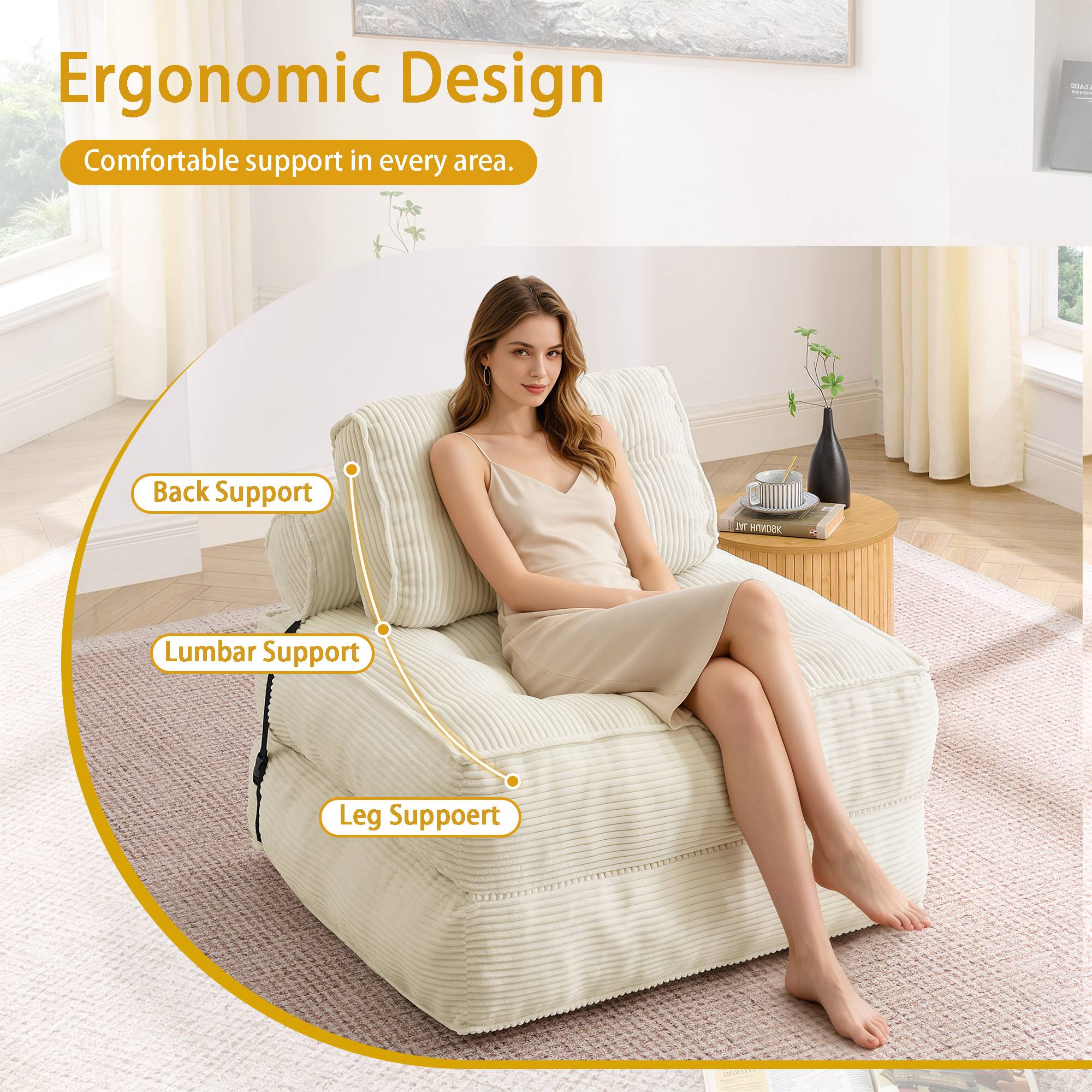 Fauteuil de Sol Pliable 2-en-1 en Cord, Dossier Réglable, Canapé Convertible et Lit d’Appoint pour Salon et Chambre, Beige - Image 4