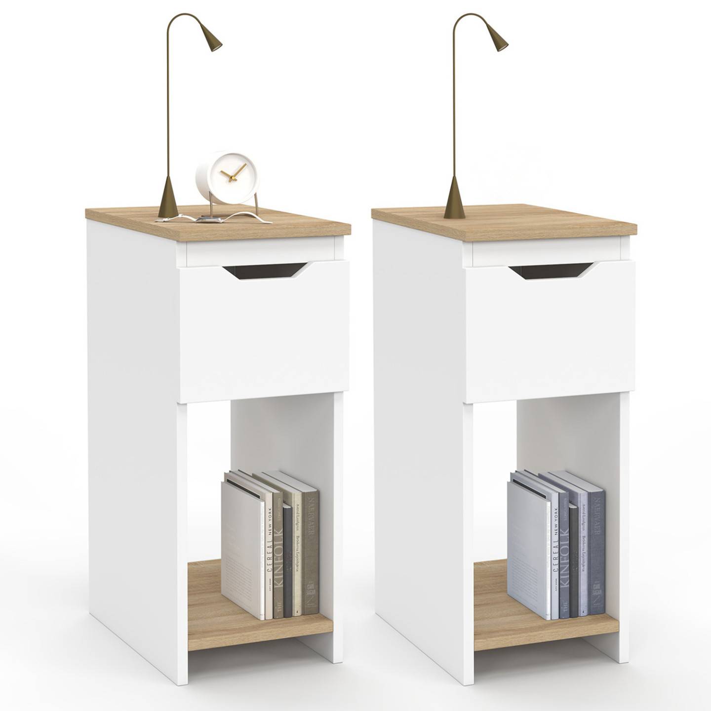 Lot de 2 tables de chevet étroites ANOUK 1 tiroir avec niche blanc et bois - Image 2