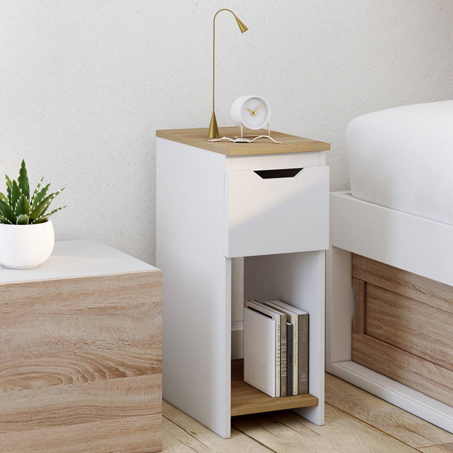Lot de 2 tables de chevet étroites ANOUK 1 tiroir avec niche blanc et bois - Image 1