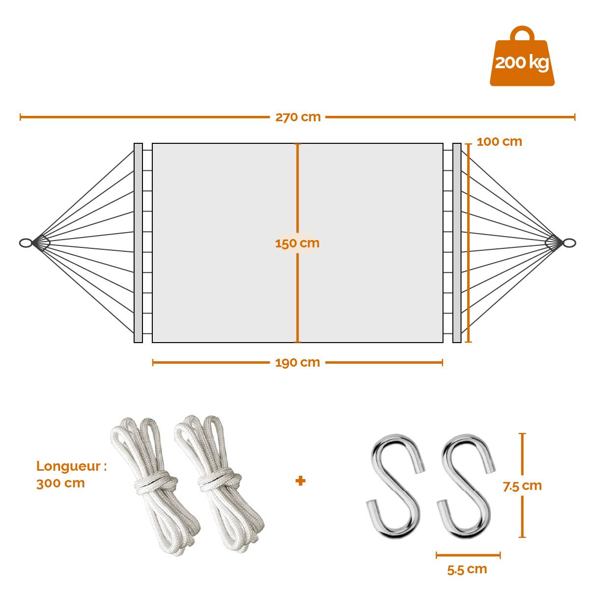 Linxor - Toile de hamac 2 personnes 150 x 270 cm avec système d'attache - Gris - Linxor - Imagen 2