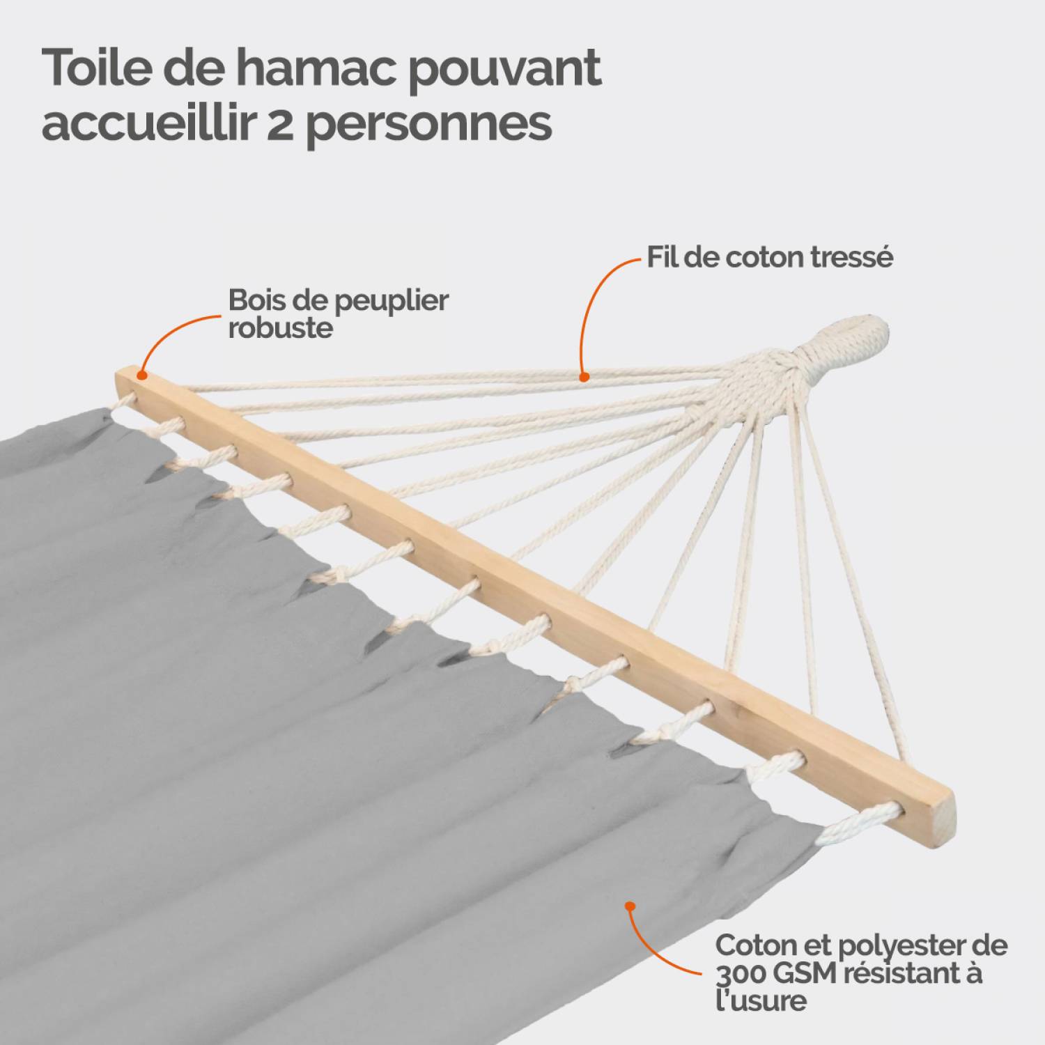 Linxor - Toile de hamac 2 personnes 150 x 270 cm avec système d'attache - Gris - Linxor - Imagen 3
