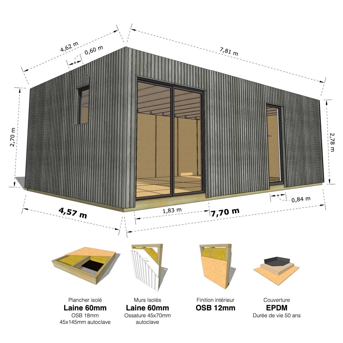 Sans Marque - STUDIO DE JARDIN / 35,8 m2 - 7,75 x 4,62m / Plancher isolé / Bardage Gris / Intérieur OSB / Livraison Gratuite / Studio Français - Image 1