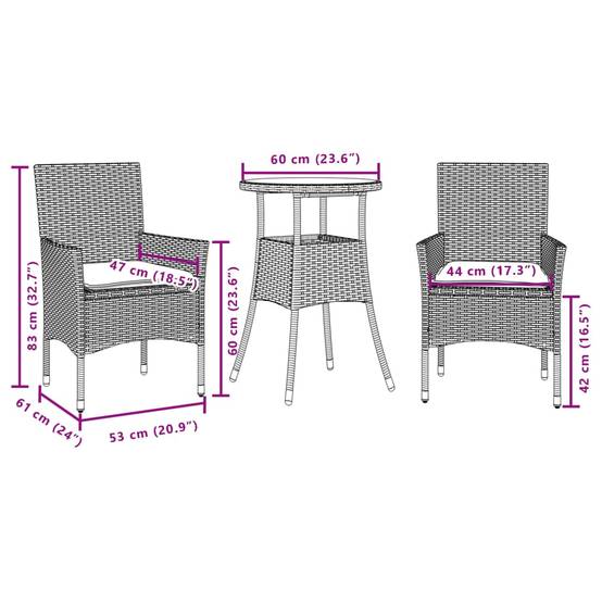 Ensemble de 3 pcs table de jardin et chaises avec coussins - mobilier de jardin noir rotin verre-JU2749 - Image 7