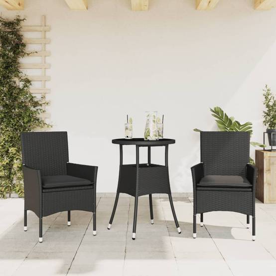 Ensemble de 3 pcs table de jardin et chaises avec coussins - mobilier de jardin noir rotin verre-JU2749 - Image 2
