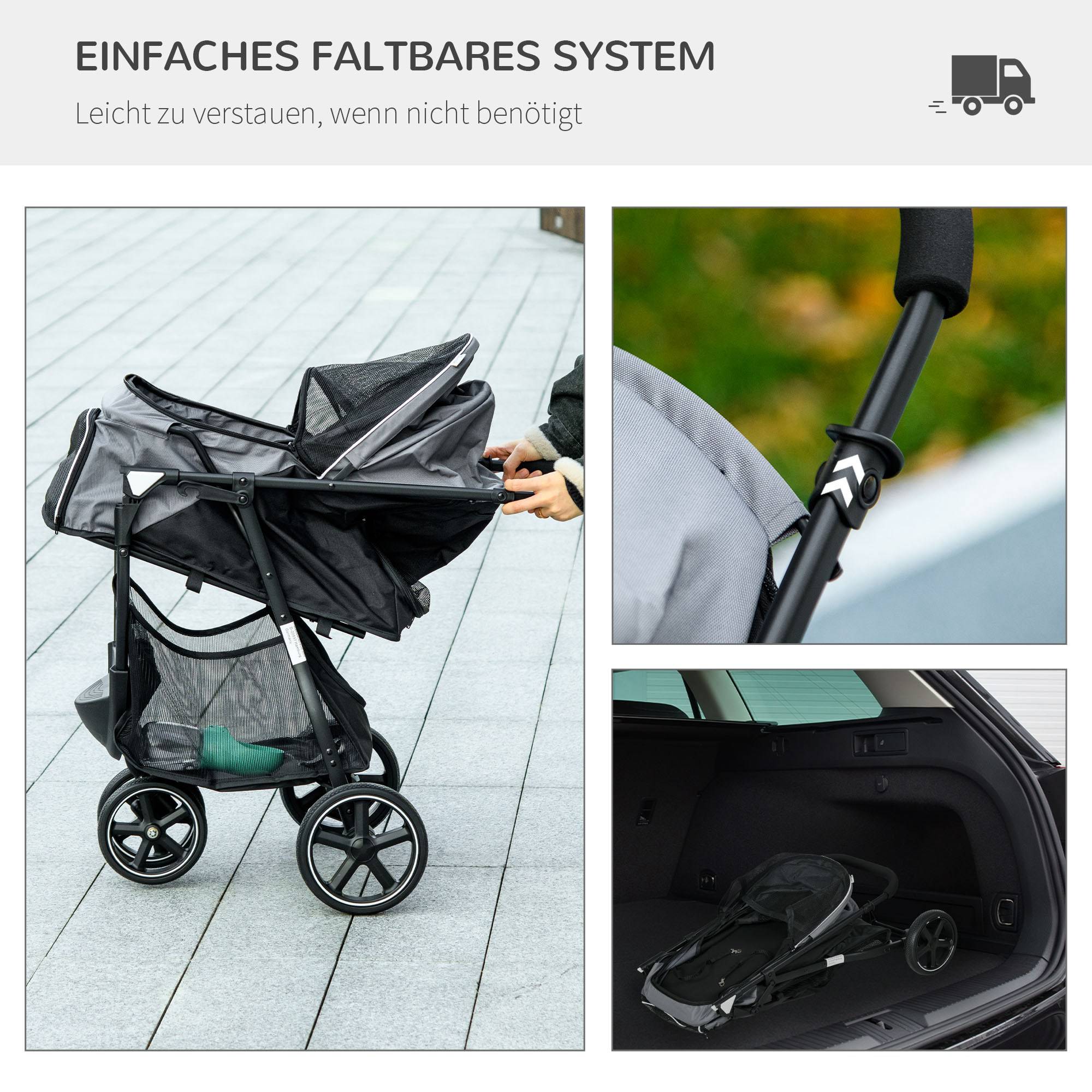 Poussette pour chien pliable, avec housse de pluie et 2 laisses de sécurité, 83 cm x 55 cm x 101 cm, gris et noir - Image 7