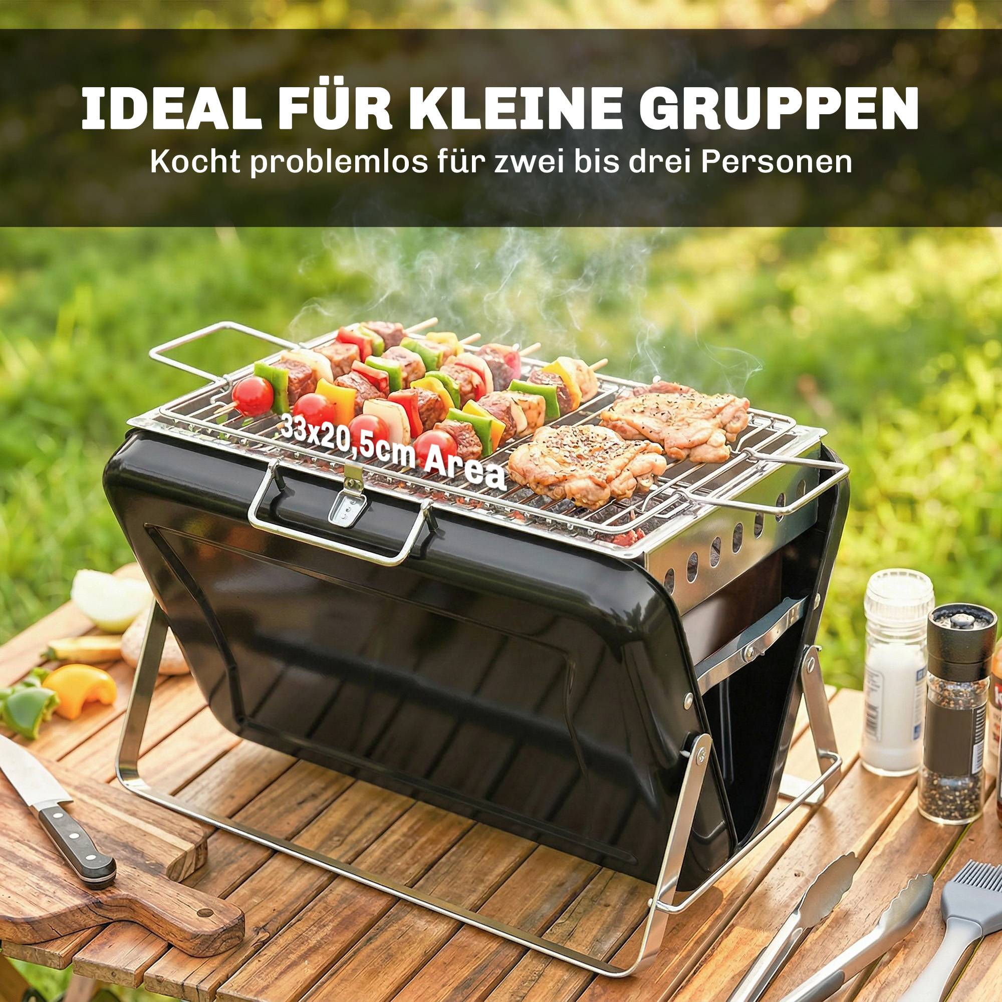 Barbecue charbon inox fumoir, grille, poignée, pieds pliables, camping,40x28x25,5cm, noir - Image 8