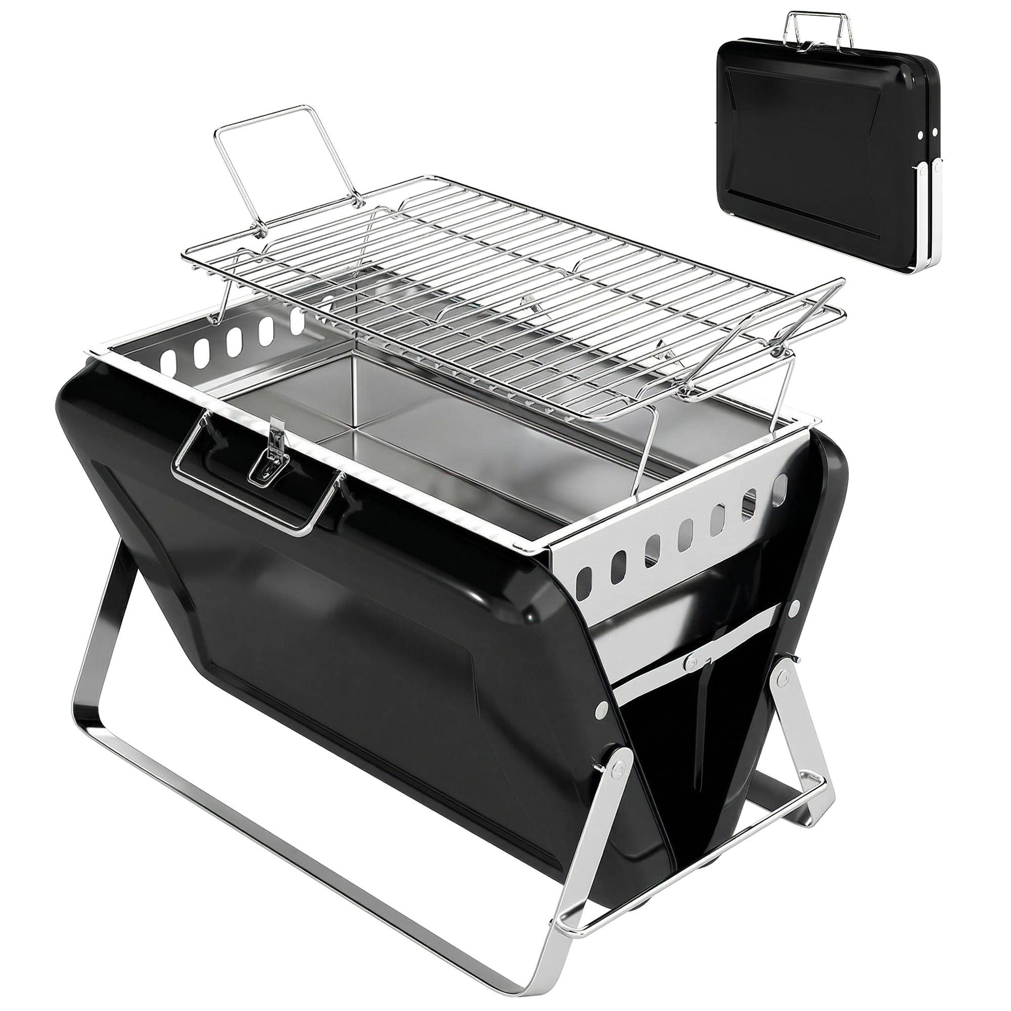 Barbecue charbon inox fumoir, grille, poignée, pieds pliables, camping,40x28x25,5cm, noir - Image 2