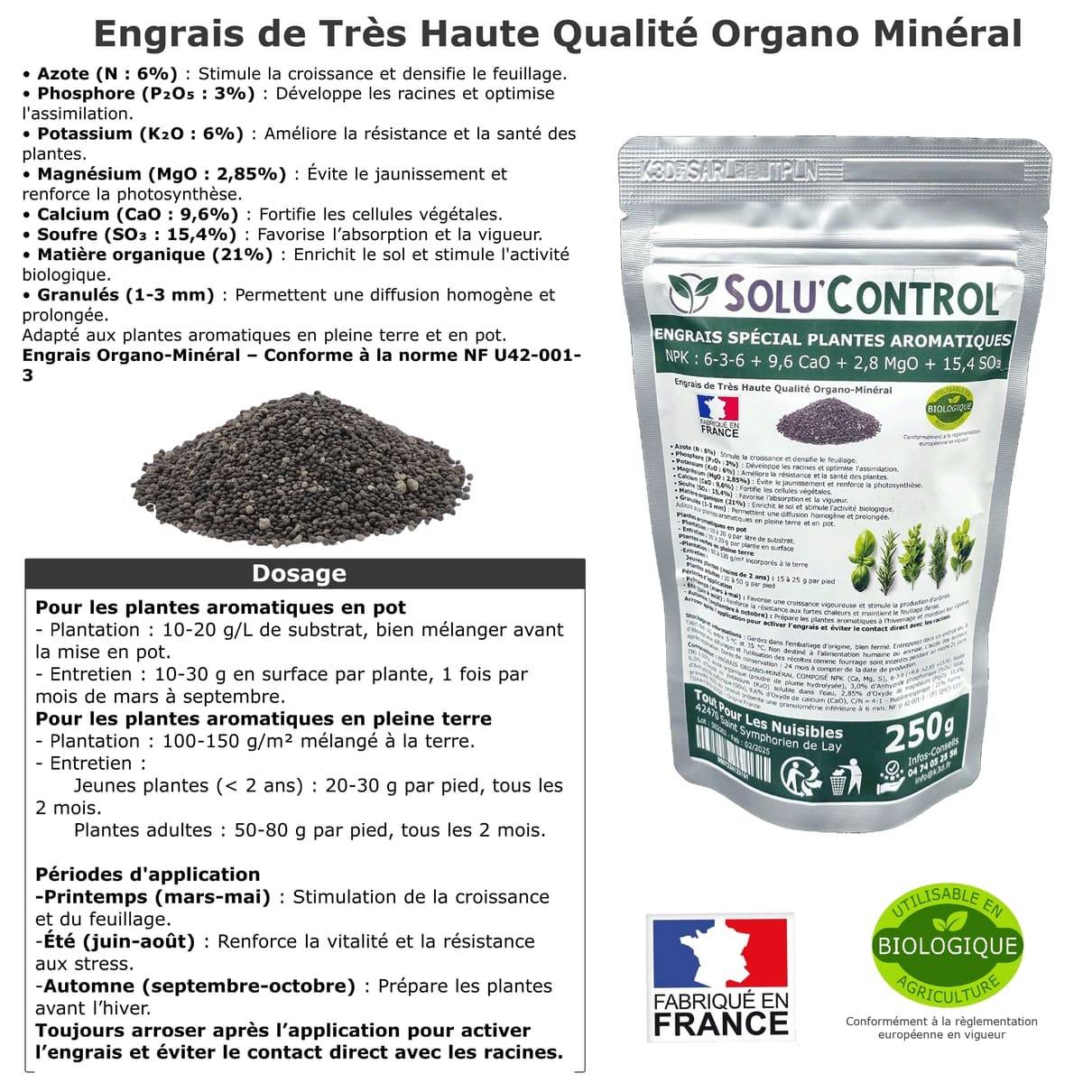 Tout pour les nuisibles - SOLU’CONTROL - 250 g - Engrais Spécial Plantes Aromatiques NPK 6-3-6 Favorise un feuillage dense, intensément parfumé et vigoureux - UAB - Image 2