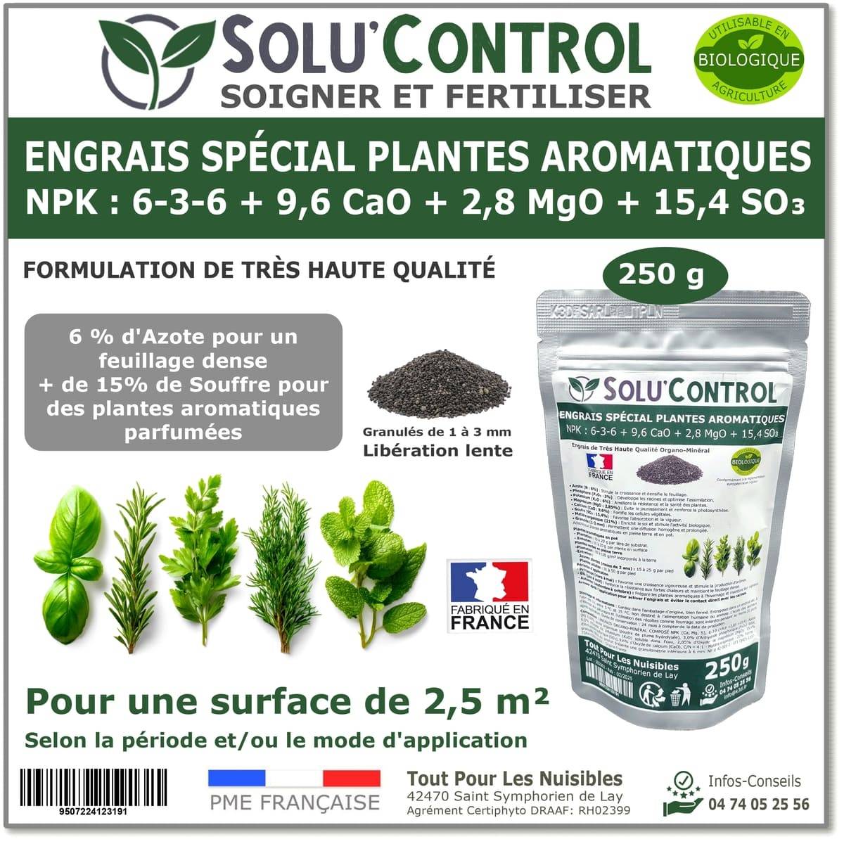 Tout pour les nuisibles - SOLU’CONTROL - 250 g - Engrais Spécial Plantes Aromatiques NPK 6-3-6 Favorise un feuillage dense, intensément parfumé et vigoureux - UAB - Image 1