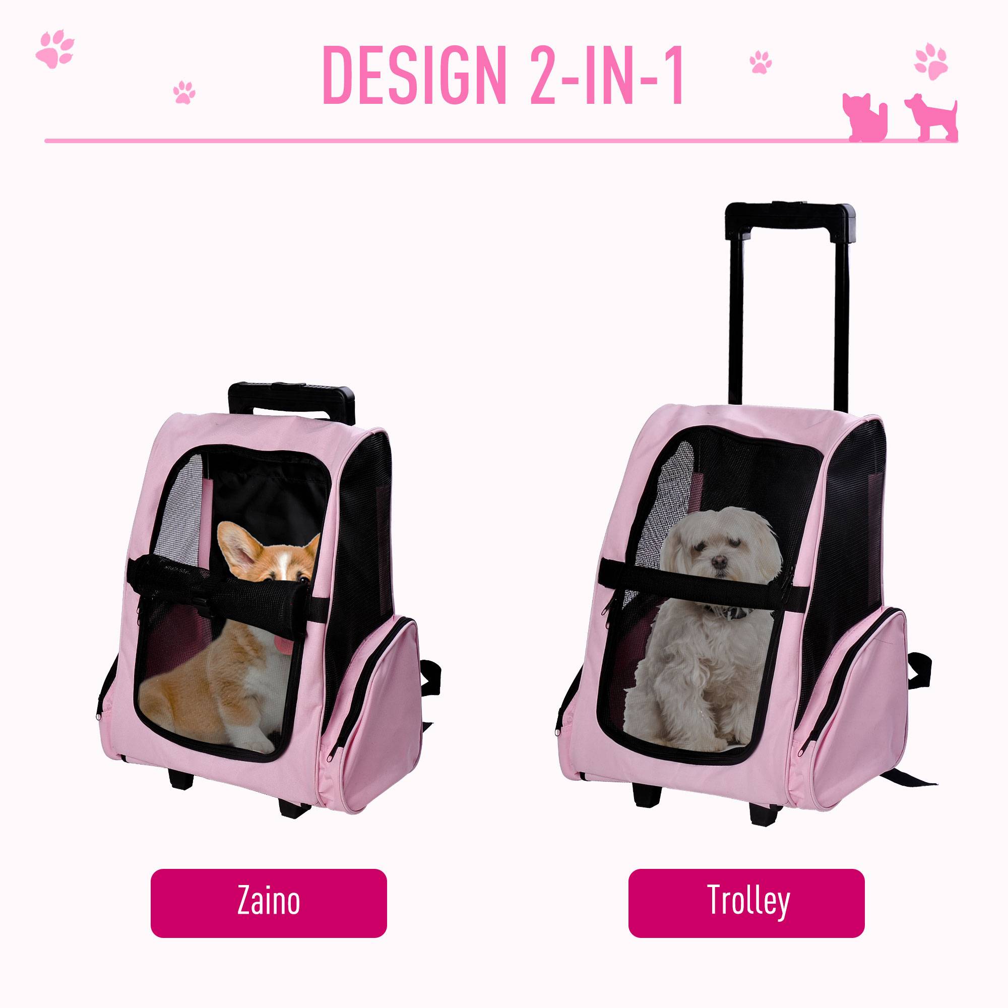 Sac à dos de transport trolley pour chien chat en métal Oxford aéré rose 55cm - ComfortXL Outdoor Living - Image 6