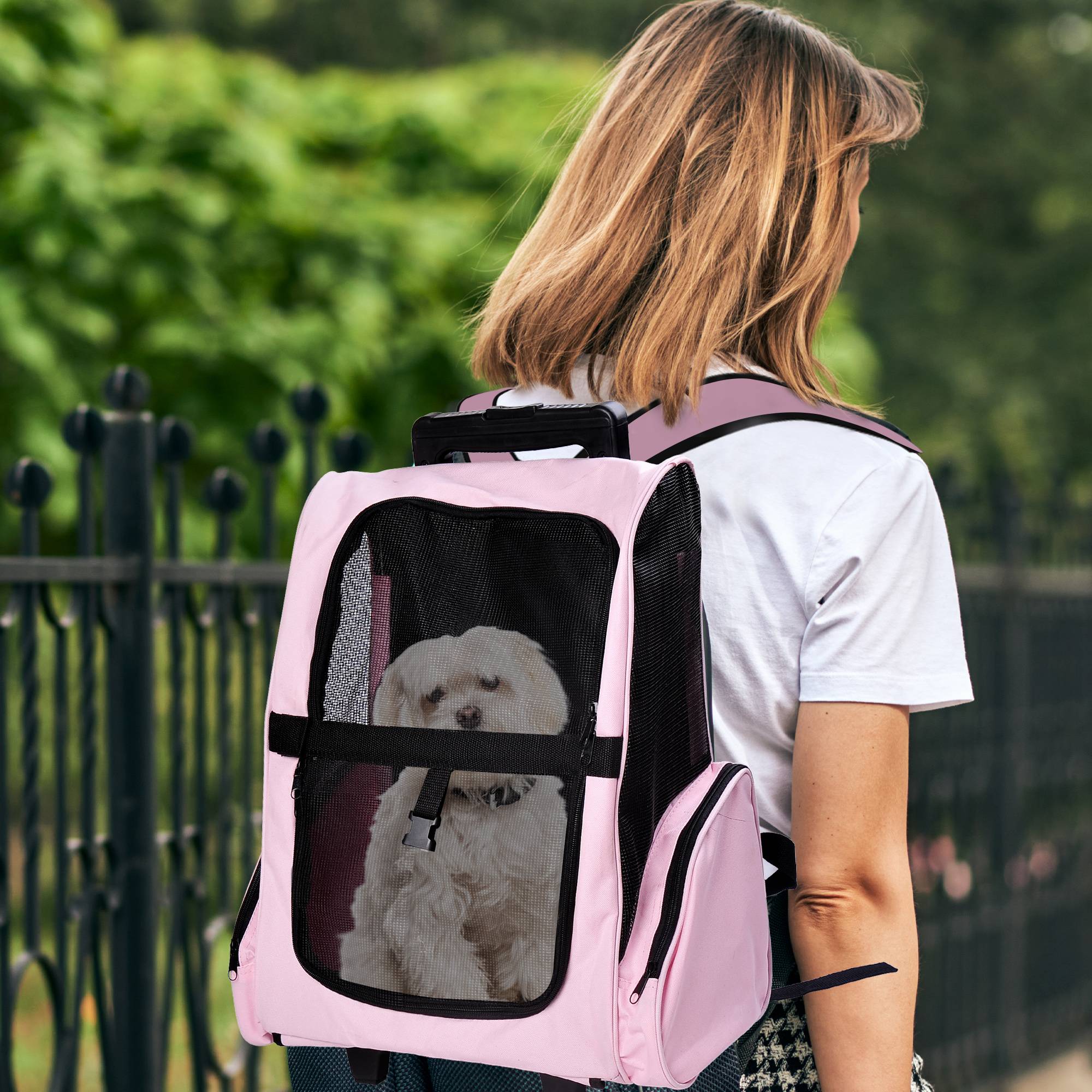 Sac à dos de transport trolley pour chien chat en métal Oxford aéré rose 55cm - ComfortXL Outdoor Living - Image 4