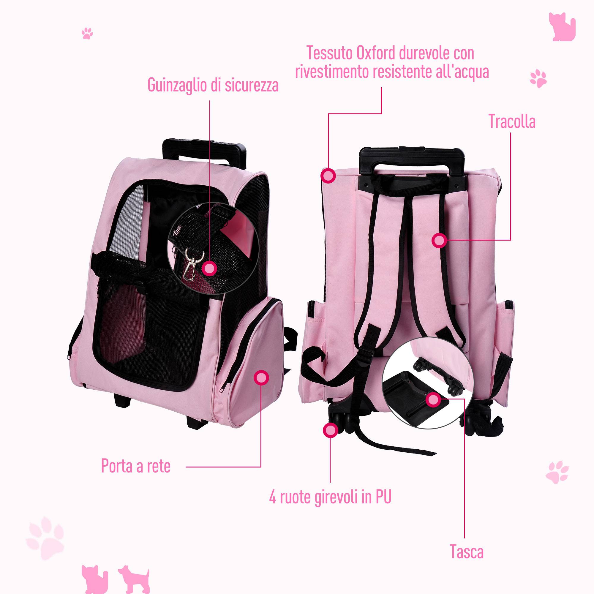 Sac à dos de transport trolley pour chien chat en métal Oxford aéré rose 55cm - ComfortXL Outdoor Living - Image 8