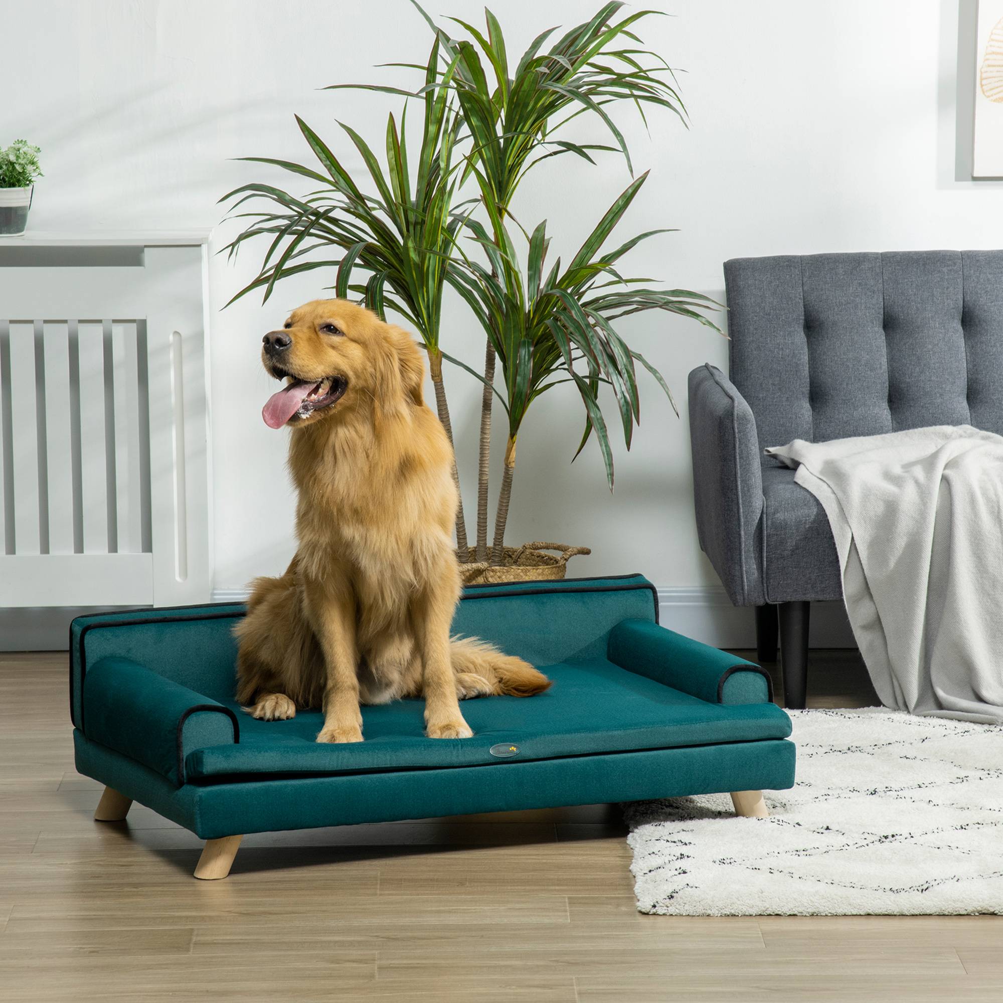 Canapé pour chien chat design scandinave coussin moelleux amovible pieds bois massif 100 x 62 x 32 cm bleu canard - Image 3