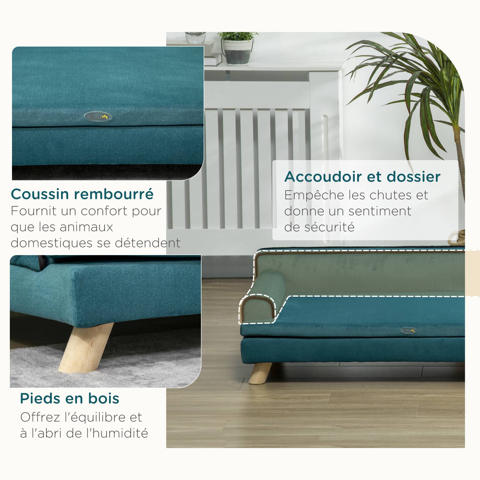 Canapé pour chien chat design scandinave coussin moelleux amovible pieds bois massif 100 x 62 x 32 cm bleu canard - Image 8