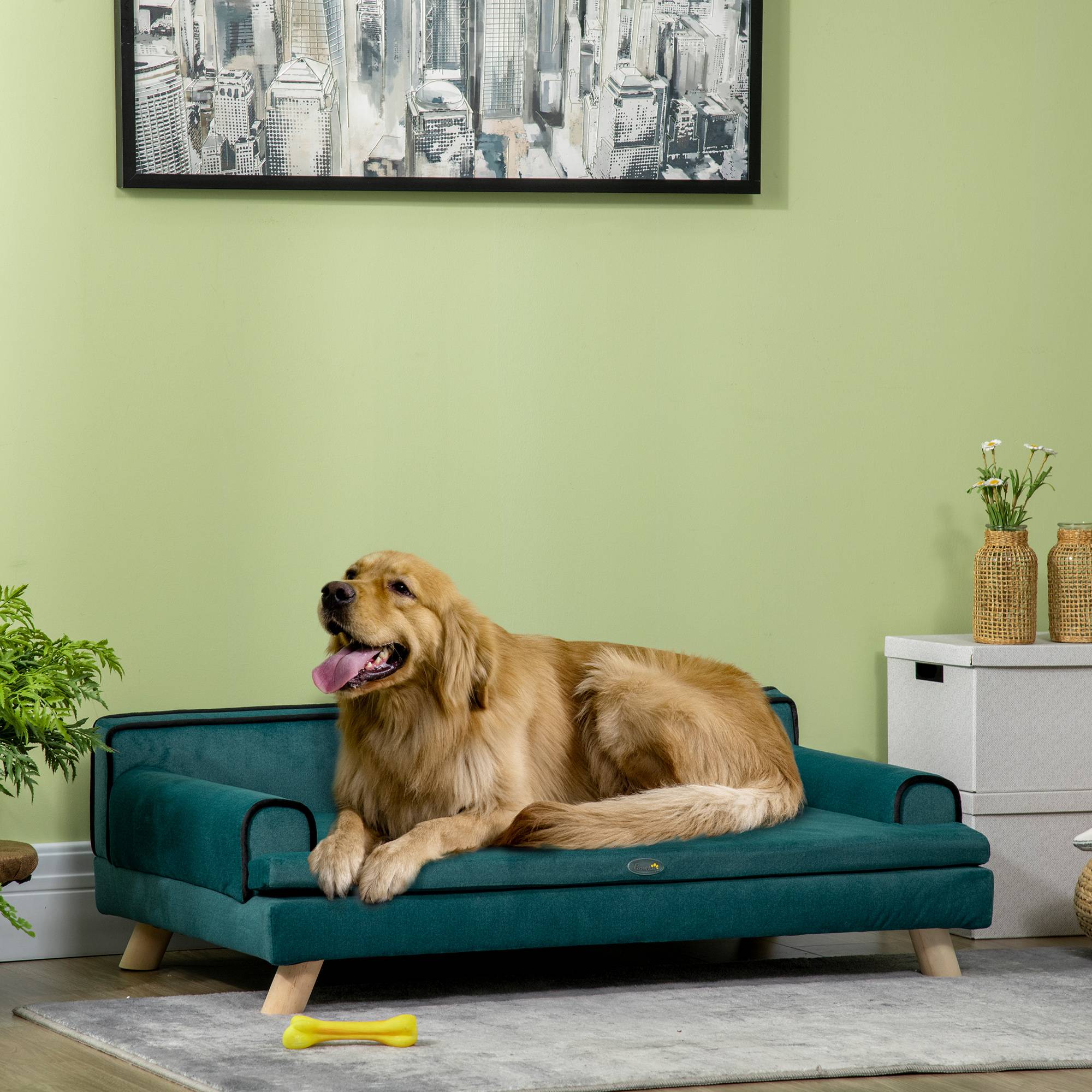 Canapé pour chien chat design scandinave coussin moelleux amovible pieds bois massif 100 x 62 x 32 cm bleu canard - Image 4