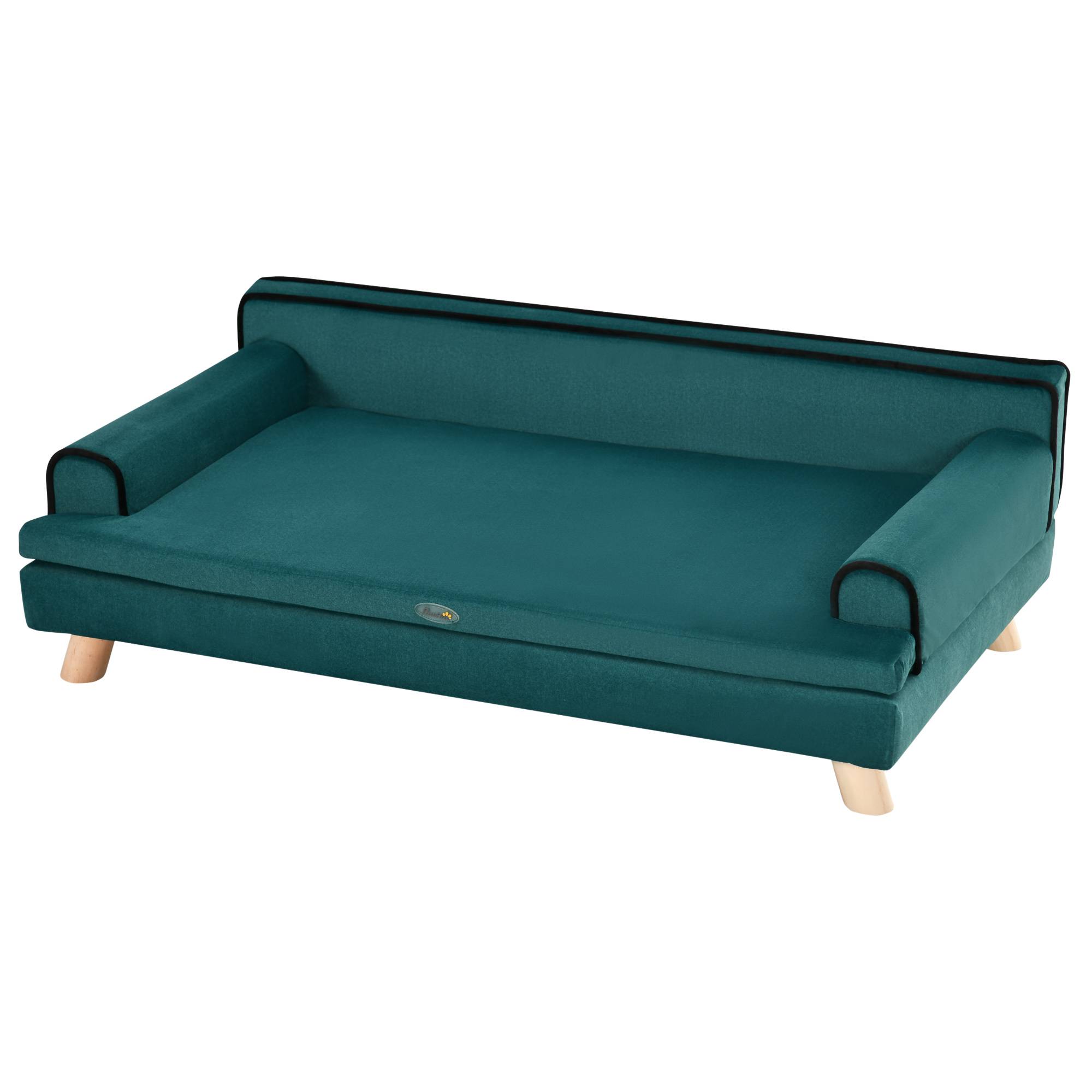 Canapé pour chien chat design scandinave coussin moelleux amovible pieds bois massif 100 x 62 x 32 cm bleu canard - Image 2