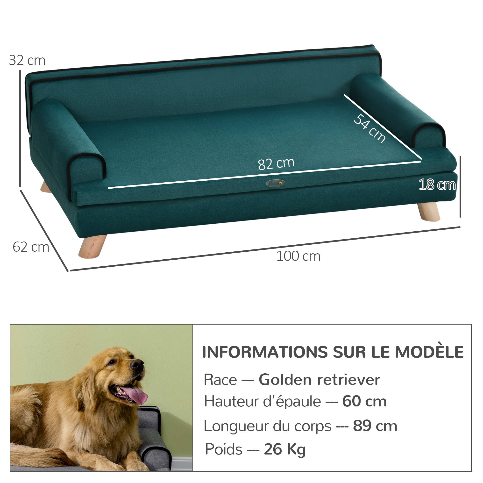 Canapé pour chien chat design scandinave coussin moelleux amovible pieds bois massif 100 x 62 x 32 cm bleu canard - Image 5