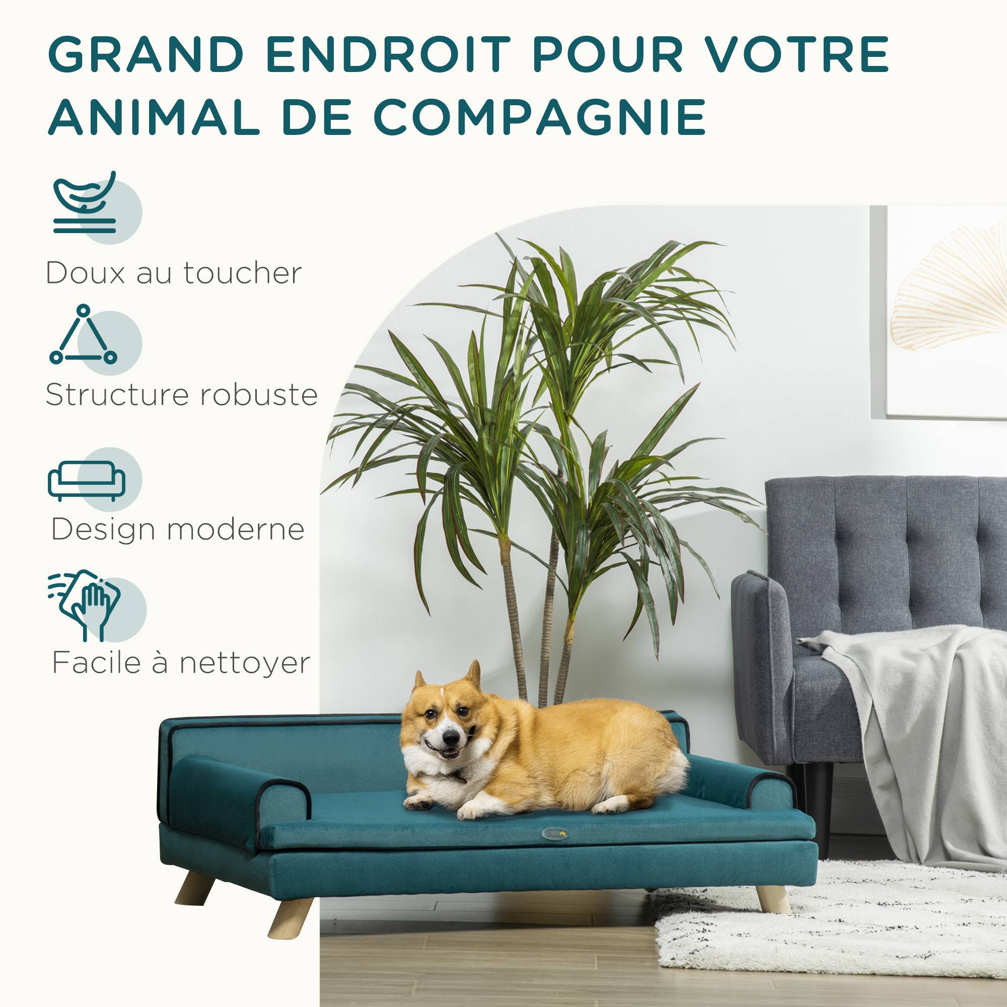 Canapé pour chien chat design scandinave coussin moelleux amovible pieds bois massif 100 x 62 x 32 cm bleu canard - Image 9