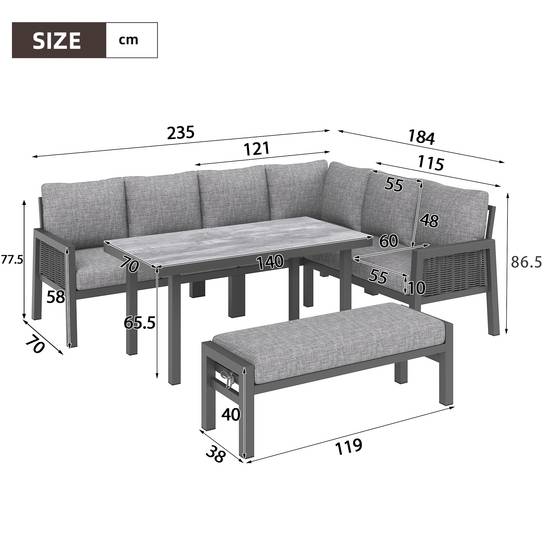 Salon de jardin 8 places acier galvanisé terrasse extérieur modulable gris - ComfortXL Outdoor Living - Image 3