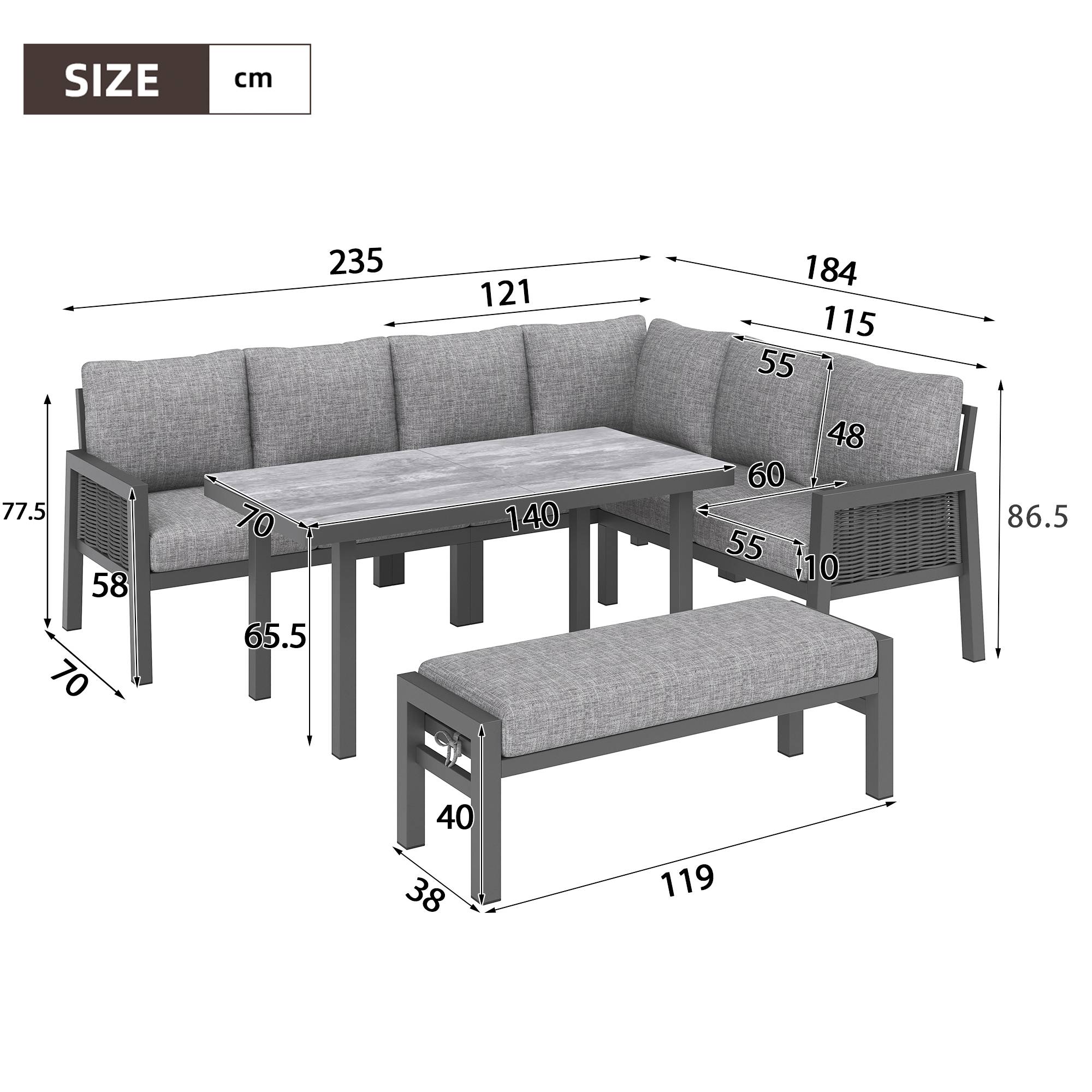 Salon de jardin 8 places acier galvanisé terrasse extérieur modulable gris - ComfortXL Outdoor Living - Image 3