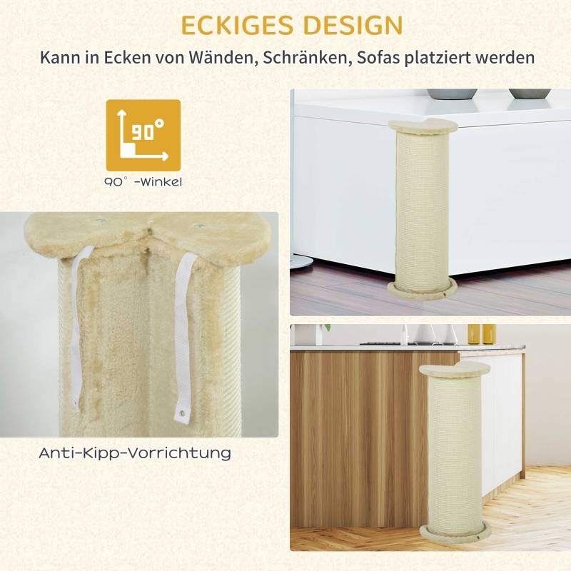 Poteau à griffer angle intérieur 35 x 35 x 85 cm bois sisal blanc crème - PANGIVO - Image 5