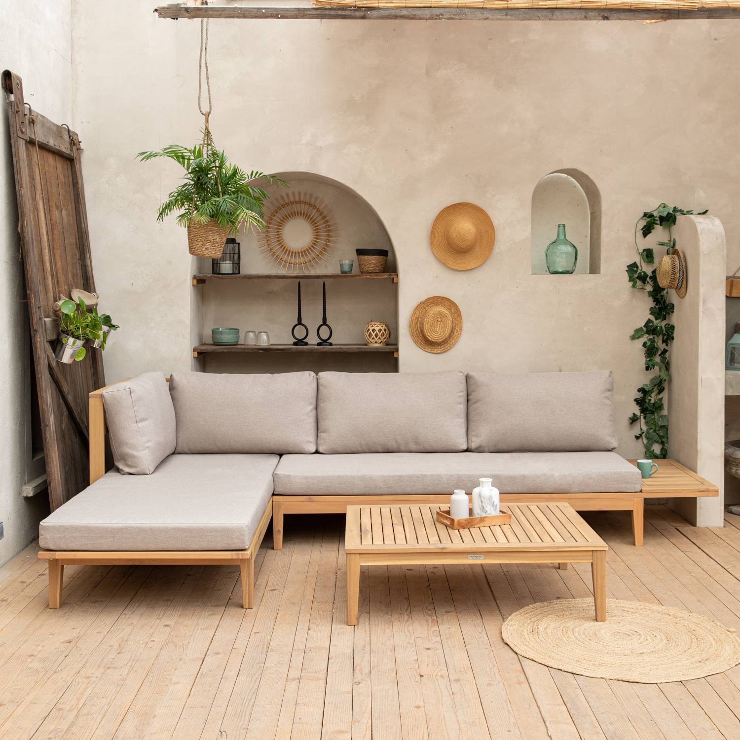 Salon de jardin en acacia 4 places PANGKOR - coussins sable - HAPPY GARDEN - Imagen 2