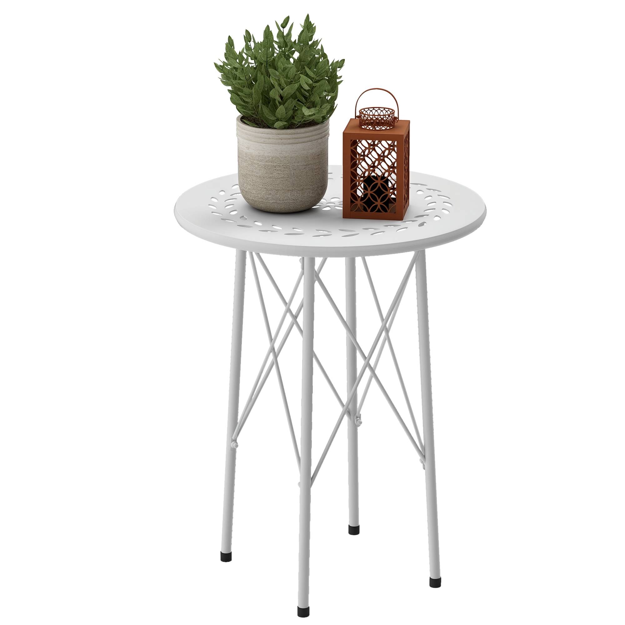 Table blanche acier floral pieds réglables structure X Ø40x50cm - Image 1