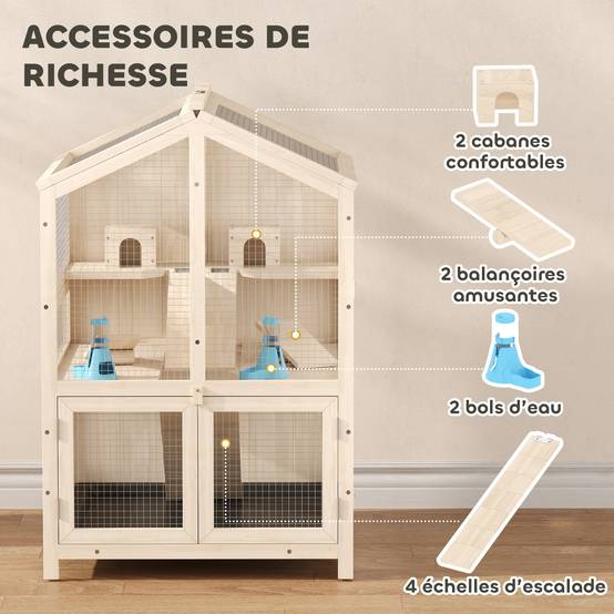 Cage bois hamster 3 étages bac amovible fenêtres transparentes accessoires 68x61x90cm naturel - ComfortXL Outdoor Living - Image 7