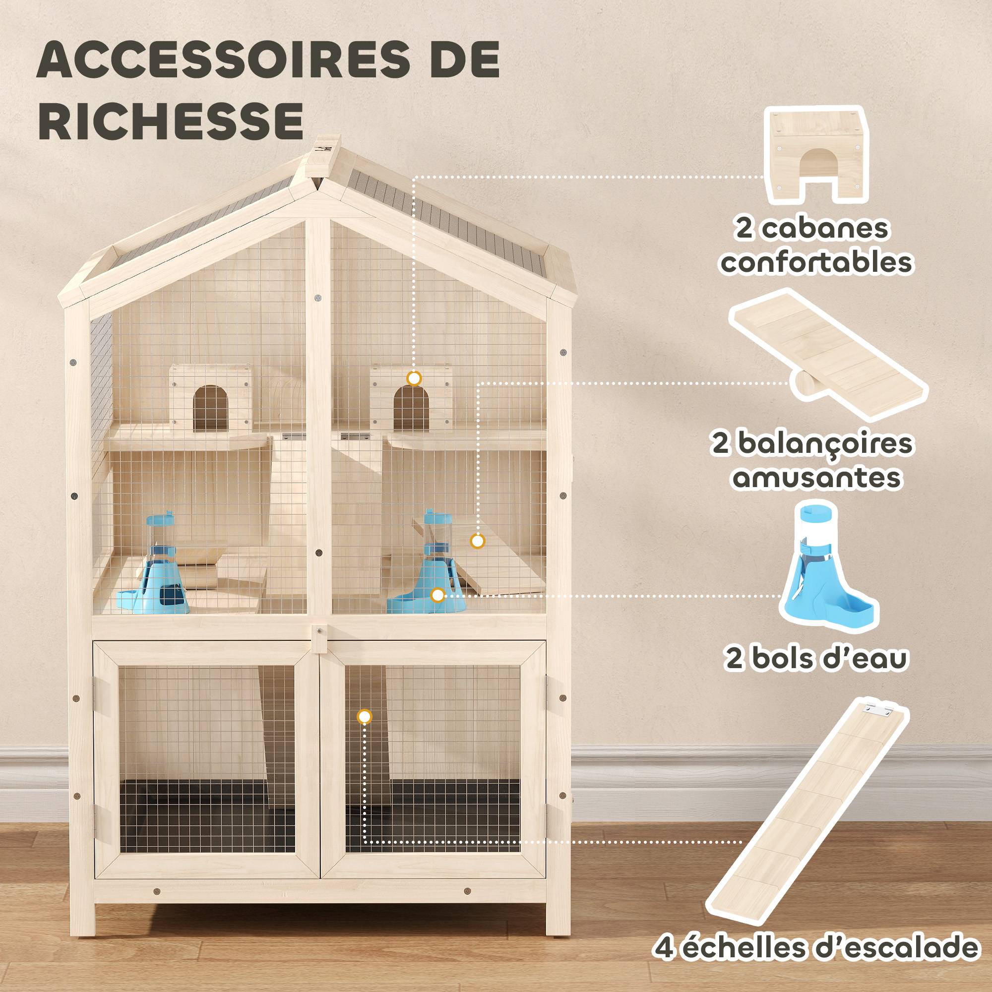 Cage bois hamster 3 étages bac amovible fenêtres transparentes accessoires 68x61x90cm naturel - ComfortXL Outdoor Living - Image 7