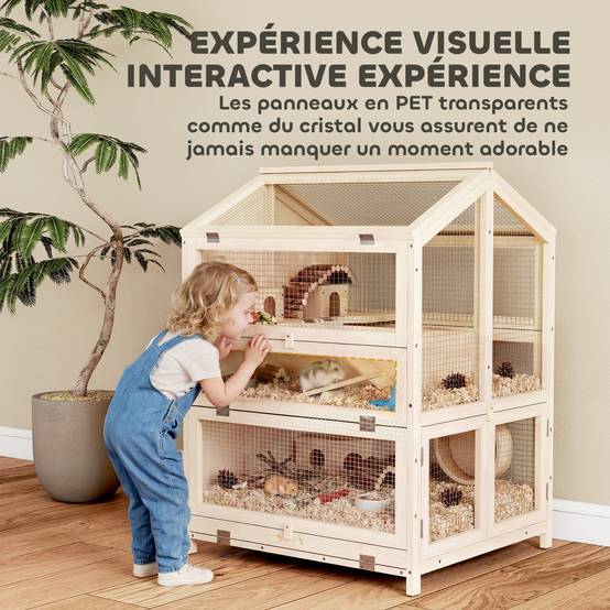 Cage bois hamster 3 étages bac amovible fenêtres transparentes accessoires 68x61x90cm naturel - ComfortXL Outdoor Living - Image 10