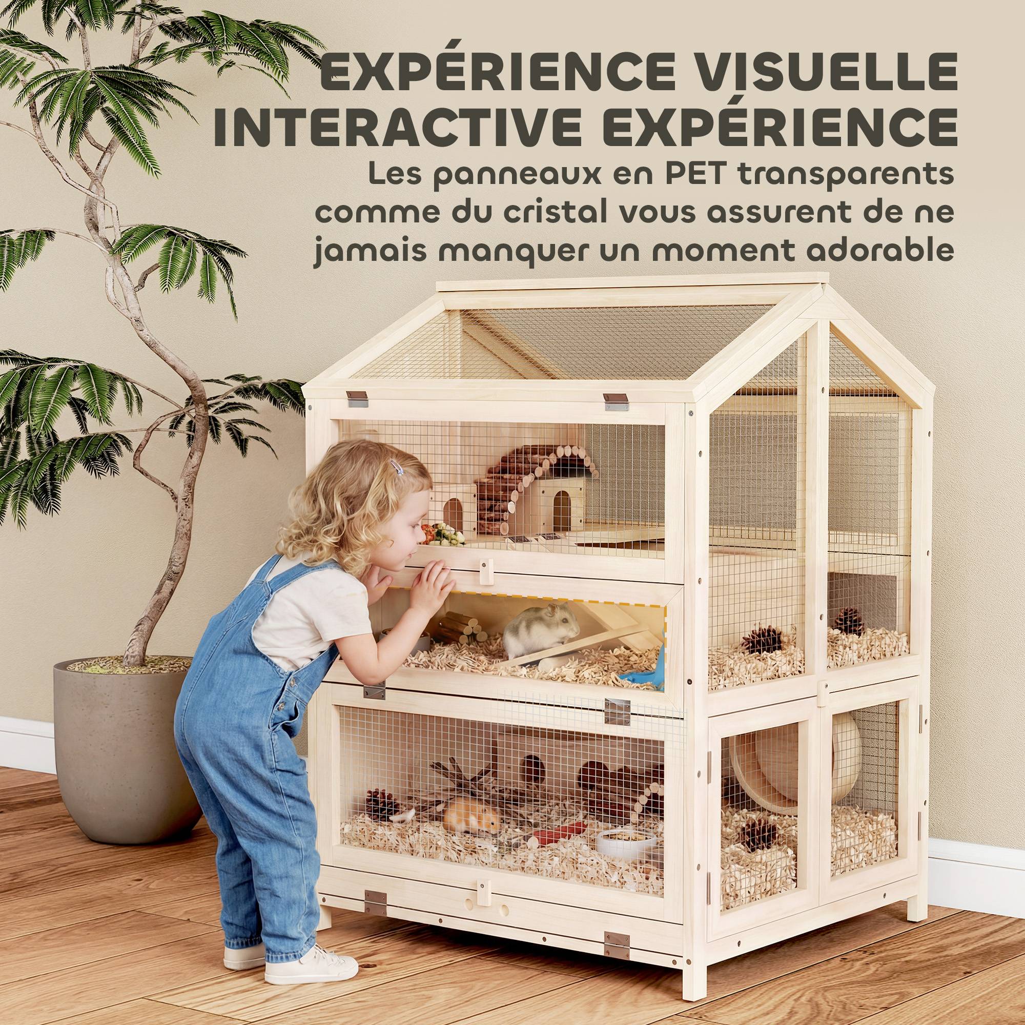 Cage bois hamster 3 étages bac amovible fenêtres transparentes accessoires 68x61x90cm naturel - ComfortXL Outdoor Living - Image 10