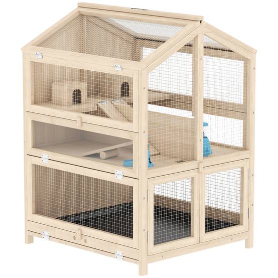Cage bois hamster 3 étages bac amovible fenêtres transparentes accessoires 68x61x90cm naturel - ComfortXL Outdoor Living - Image 2