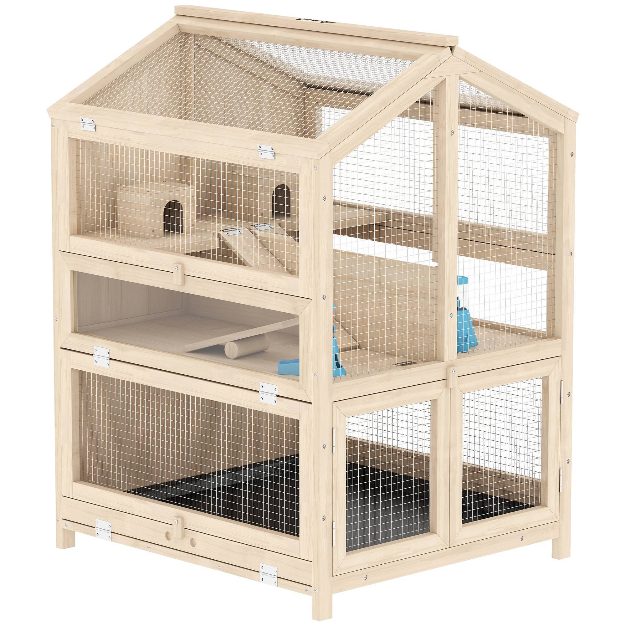 Cage bois hamster 3 étages bac amovible fenêtres transparentes accessoires 68x61x90cm naturel - ComfortXL Outdoor Living - Image 2