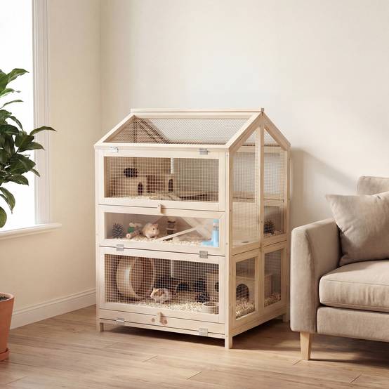 Cage bois hamster 3 étages bac amovible fenêtres transparentes accessoires 68x61x90cm naturel - ComfortXL Outdoor Living - Image 3