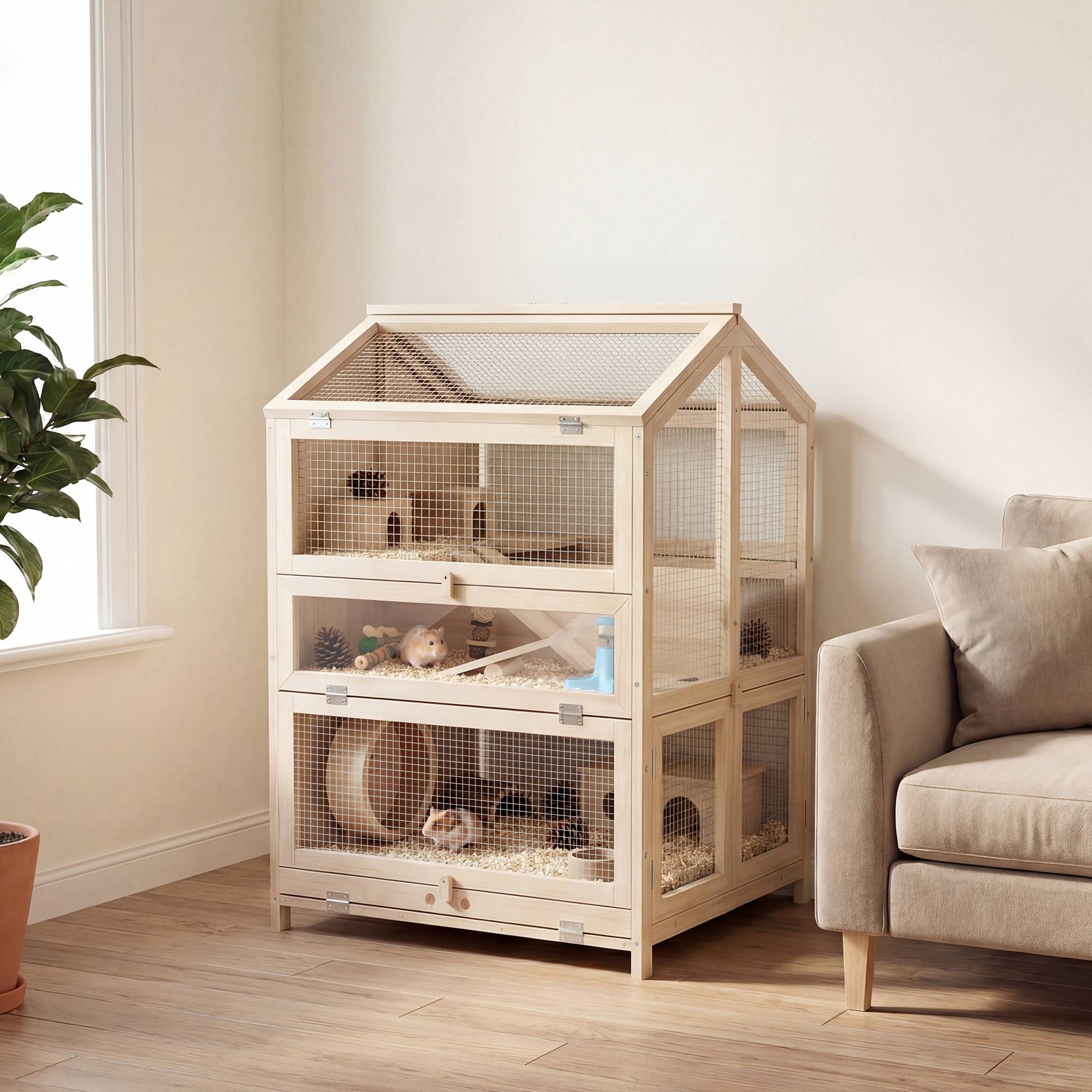 Cage bois hamster 3 étages bac amovible fenêtres transparentes accessoires 68x61x90cm naturel - ComfortXL Outdoor Living - Image 3