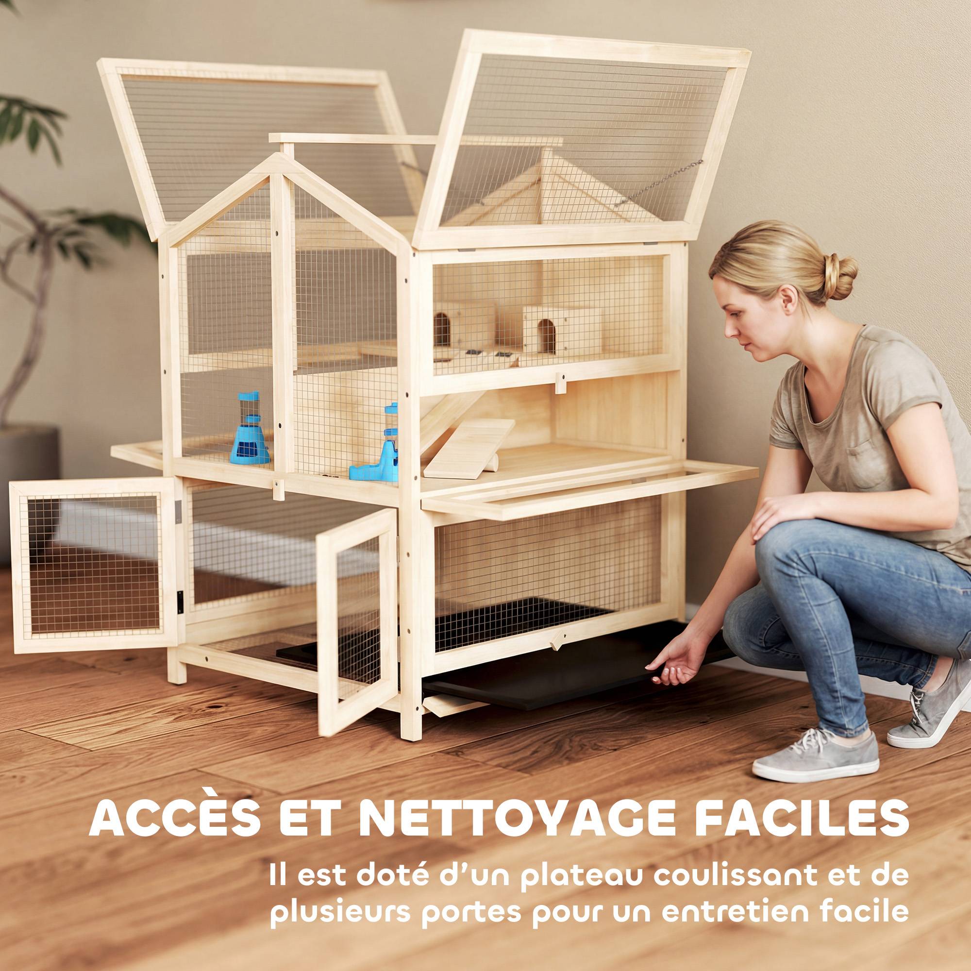 Cage bois hamster 3 étages bac amovible fenêtres transparentes accessoires 68x61x90cm naturel - ComfortXL Outdoor Living - Image 9