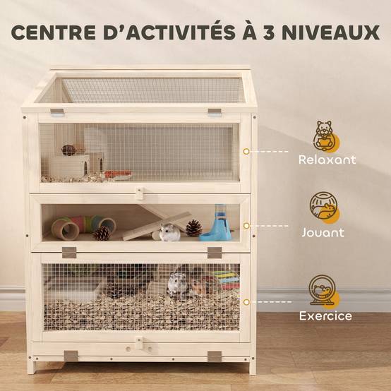 Cage bois hamster 3 étages bac amovible fenêtres transparentes accessoires 68x61x90cm naturel - ComfortXL Outdoor Living - Image 6