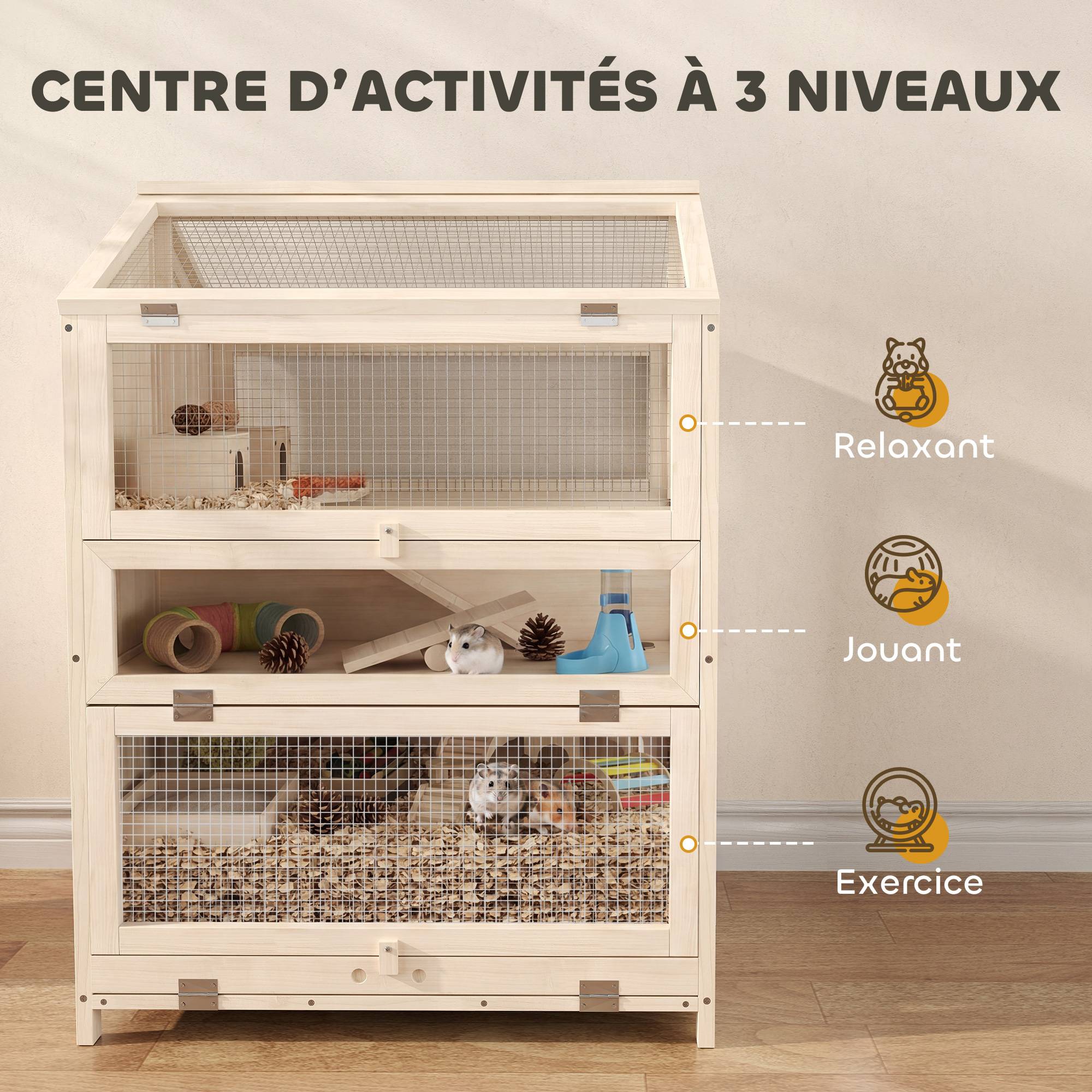 Cage bois hamster 3 étages bac amovible fenêtres transparentes accessoires 68x61x90cm naturel - ComfortXL Outdoor Living - Image 6