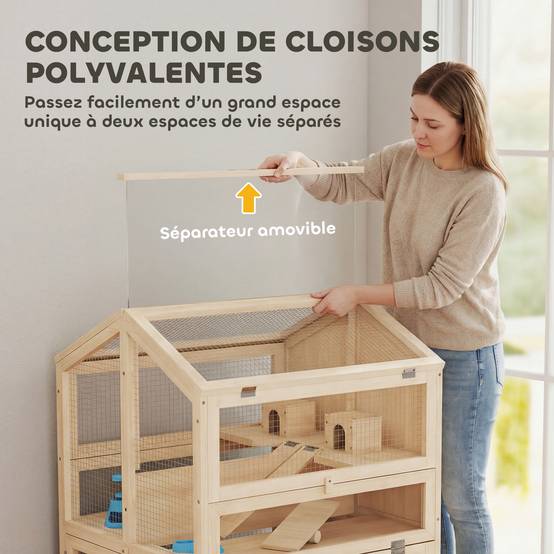 Cage bois hamster 3 étages bac amovible fenêtres transparentes accessoires 68x61x90cm naturel - ComfortXL Outdoor Living - Image 8