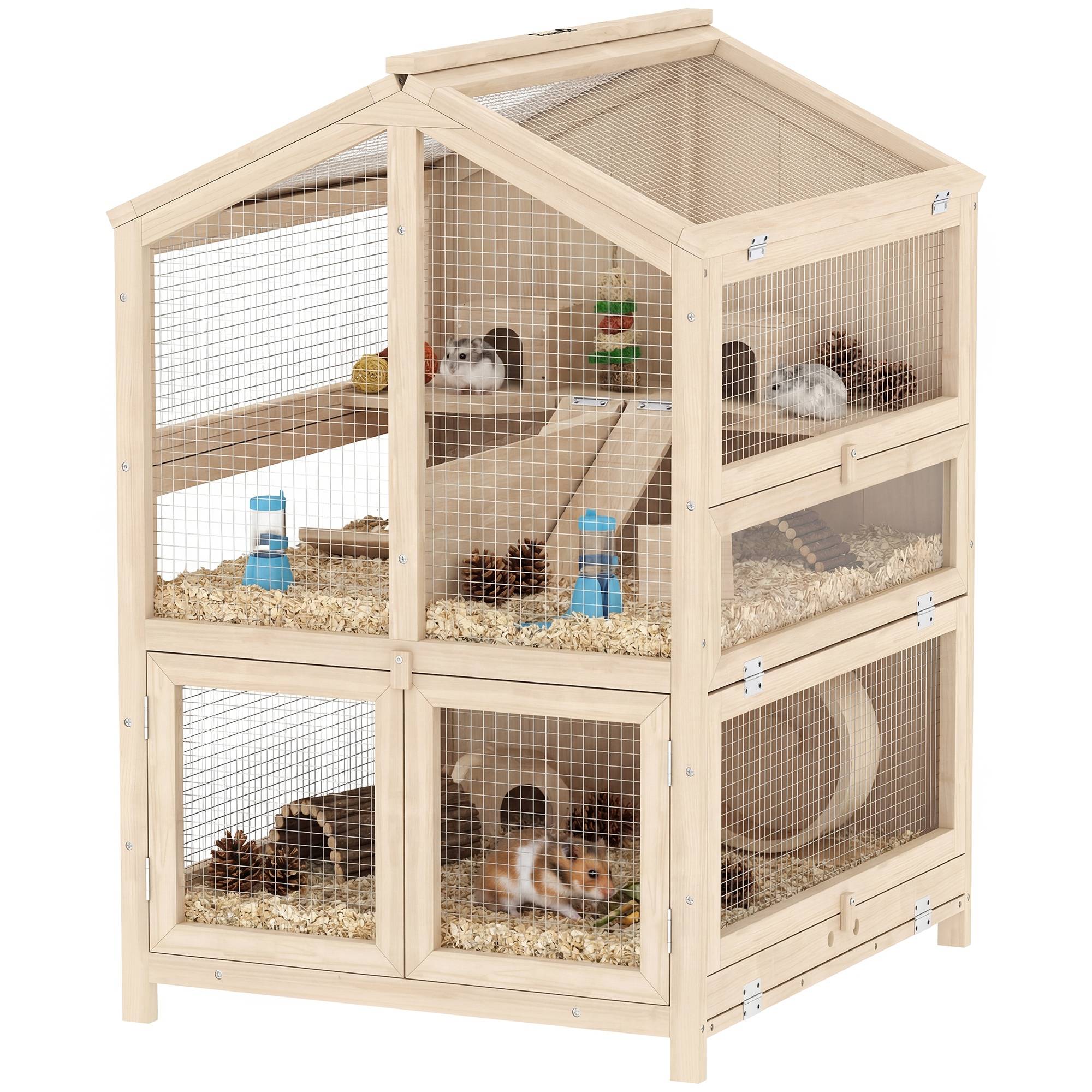 Cage bois hamster 3 étages bac amovible fenêtres transparentes accessoires 68x61x90cm naturel - ComfortXL Outdoor Living - Image 1