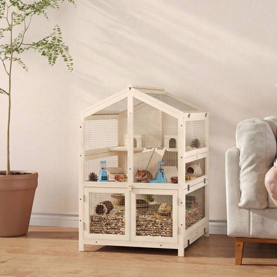 Cage bois hamster 3 étages bac amovible fenêtres transparentes accessoires 68x61x90cm naturel - ComfortXL Outdoor Living - Image 4