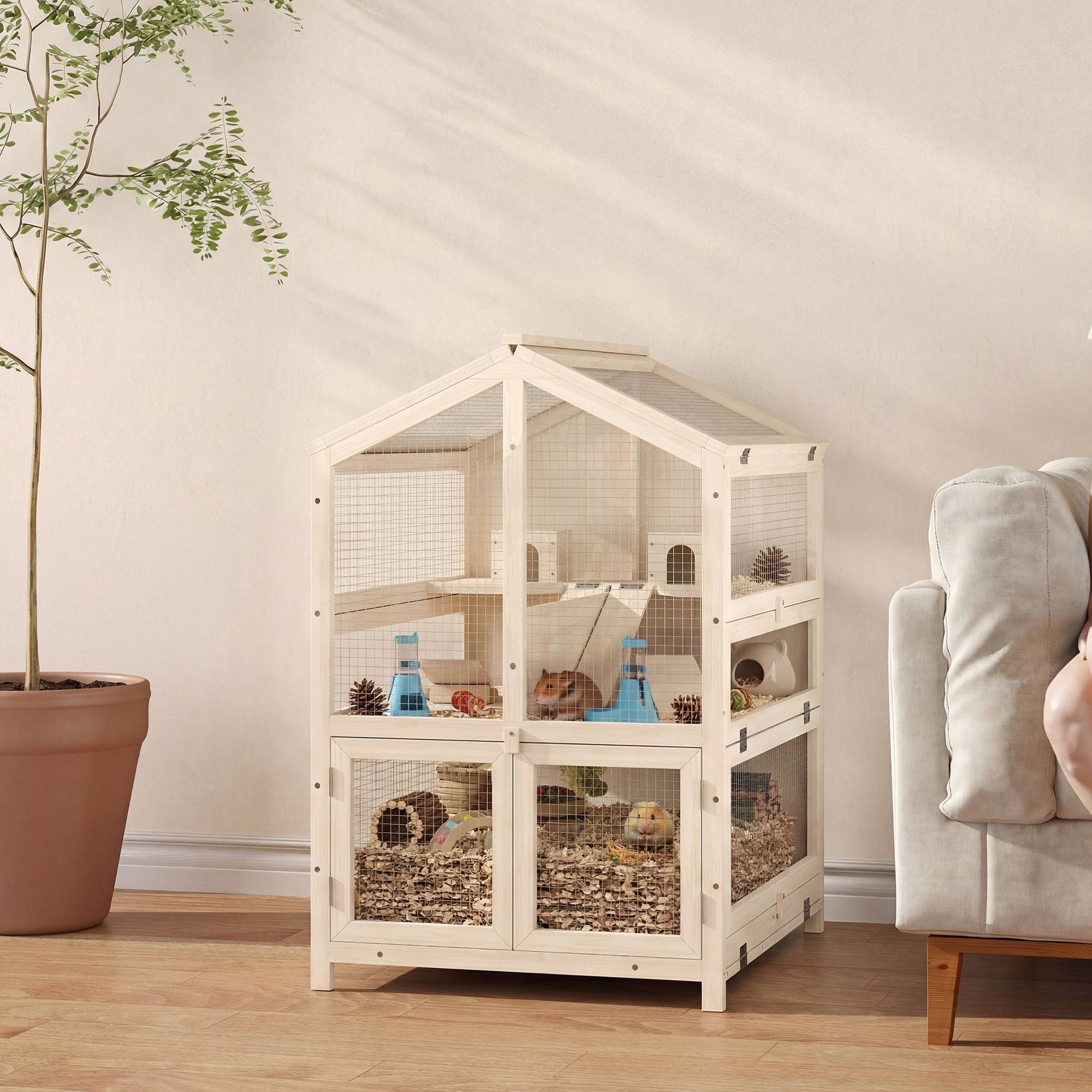 Cage bois hamster 3 étages bac amovible fenêtres transparentes accessoires 68x61x90cm naturel - ComfortXL Outdoor Living - Image 4