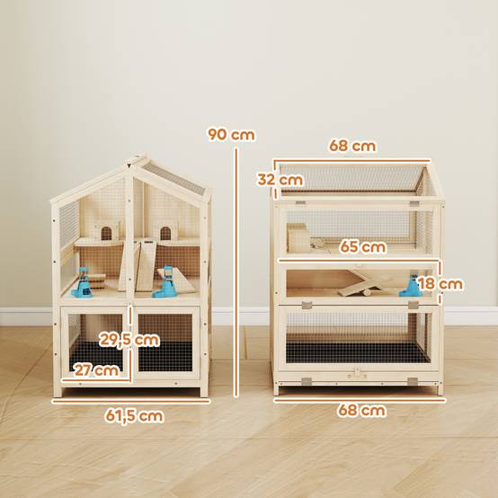 Cage bois hamster 3 étages bac amovible fenêtres transparentes accessoires 68x61x90cm naturel - ComfortXL Outdoor Living - Image 5