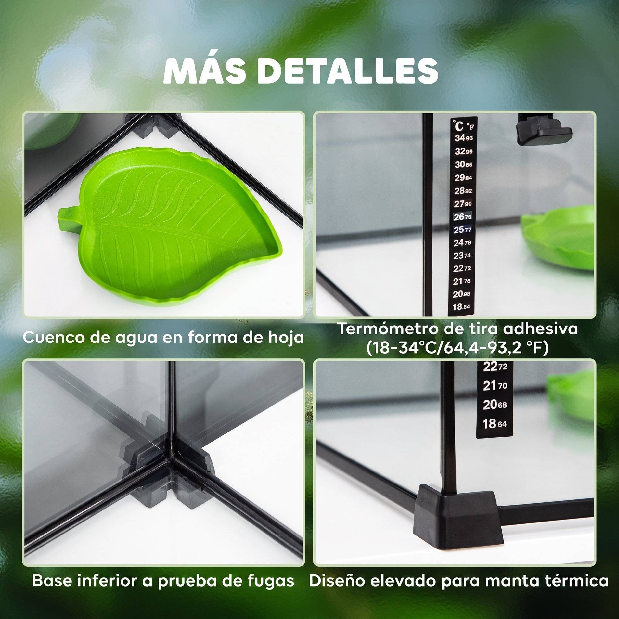 Terrarium reptile en verre 50×30×25cm noir, thermomètre + bac à eau, vitres trempées, couvercle rabattable, pour lézards, serpents, araignées - Image 8
