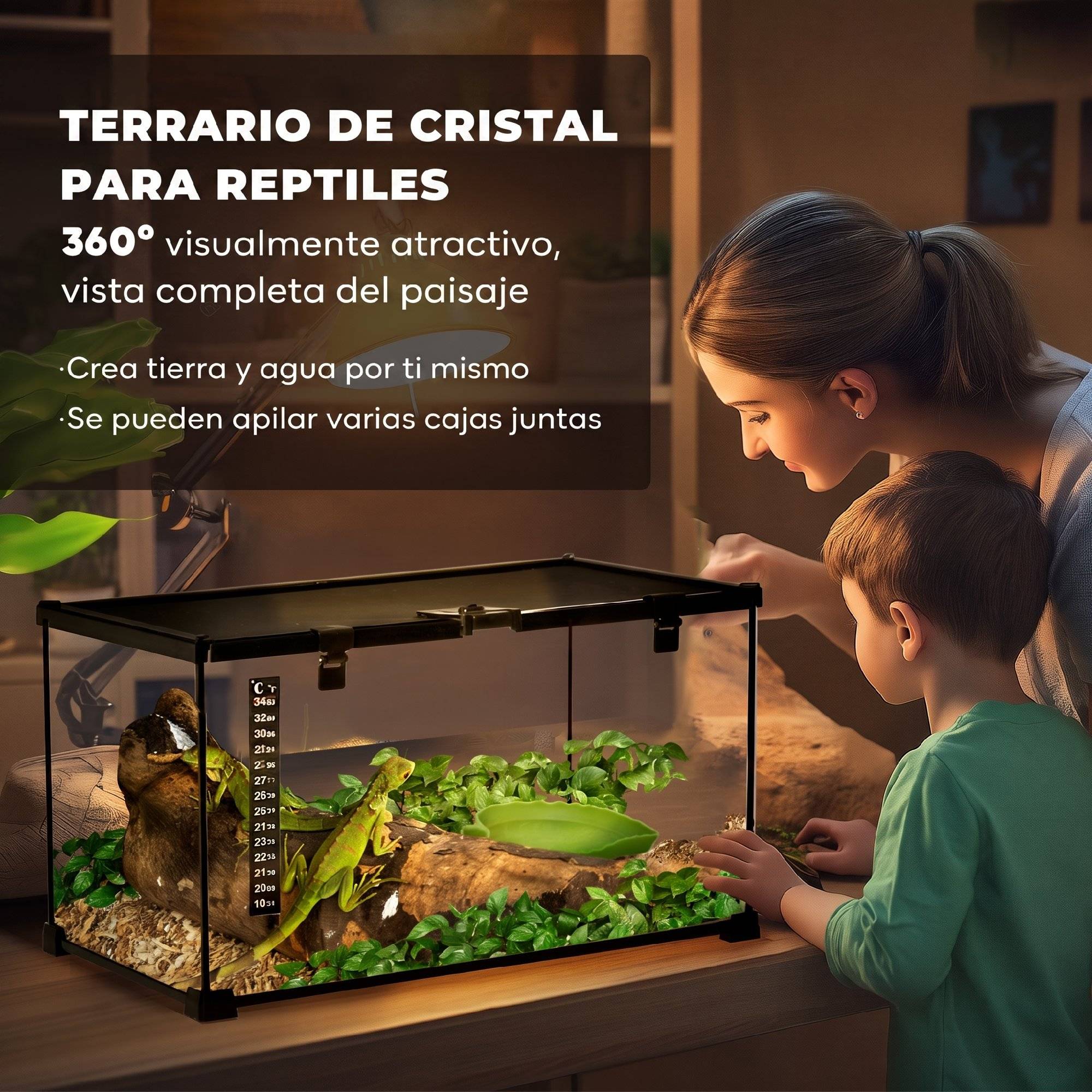 Terrarium reptile en verre 50×30×25cm noir, thermomètre + bac à eau, vitres trempées, couvercle rabattable, pour lézards, serpents, araignées - Image 6