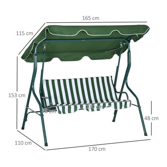 Balancelle jardin 3 places avec auvent réglable coussins acier polyester vert blanc 170x110x153 cm - Image 5