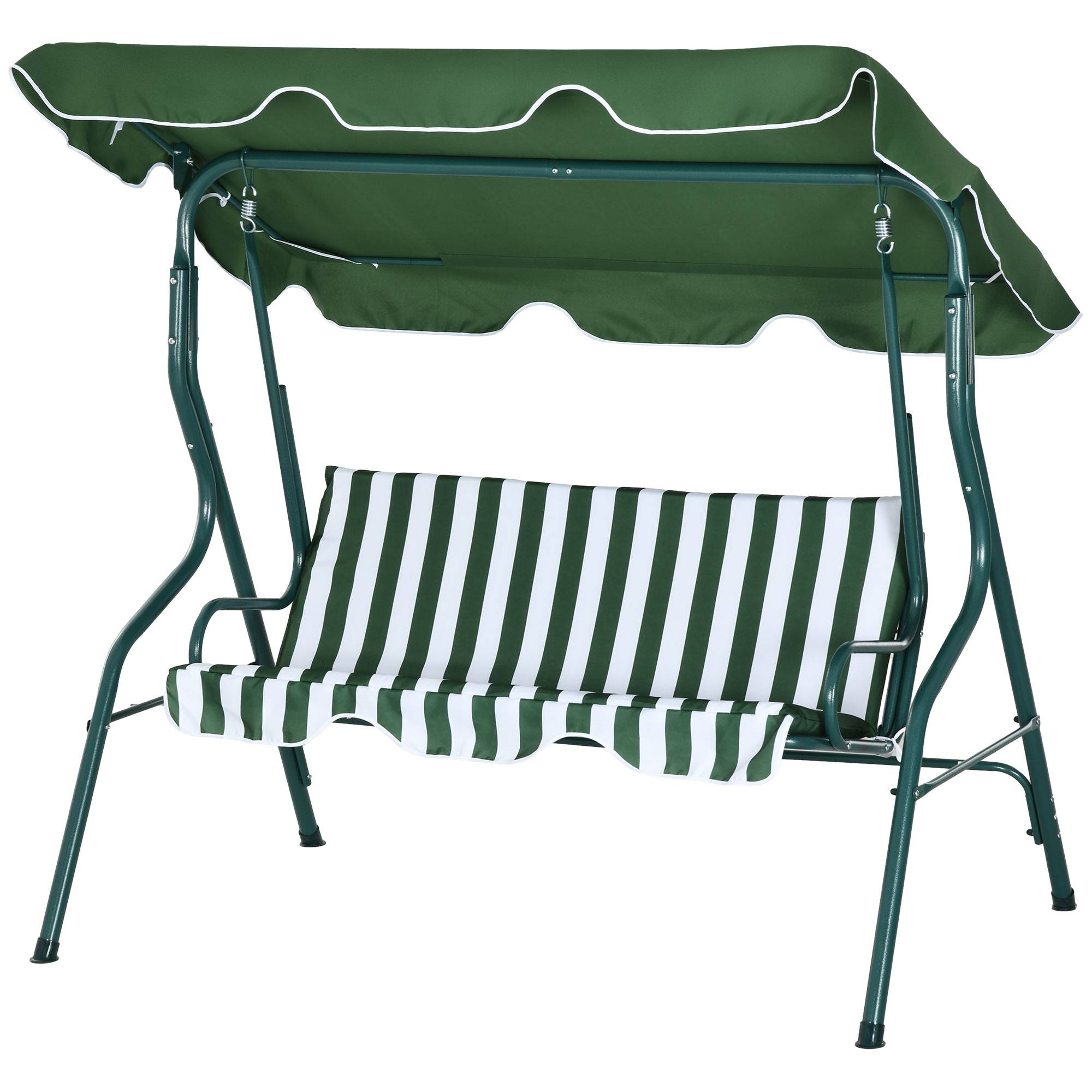 Balancelle jardin 3 places avec auvent réglable coussins acier polyester vert blanc 170x110x153 cm - Image 2