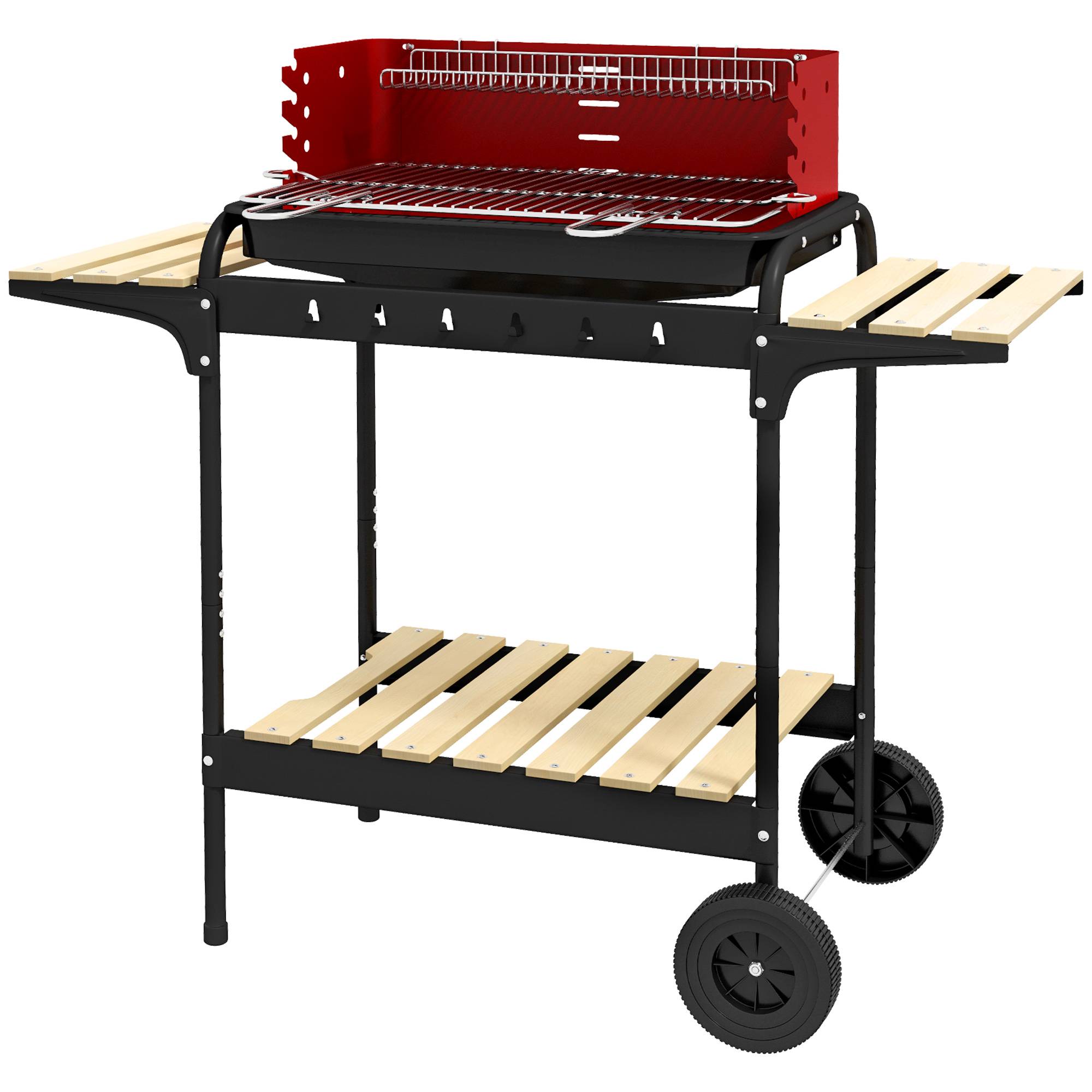 Sans Marque - Barbecue fumoir à charbon de bois en métal avec roulettes, grille réglable en hauteur, étagère en bois, 103 x 47 x 95 cm, rouge - Image 2