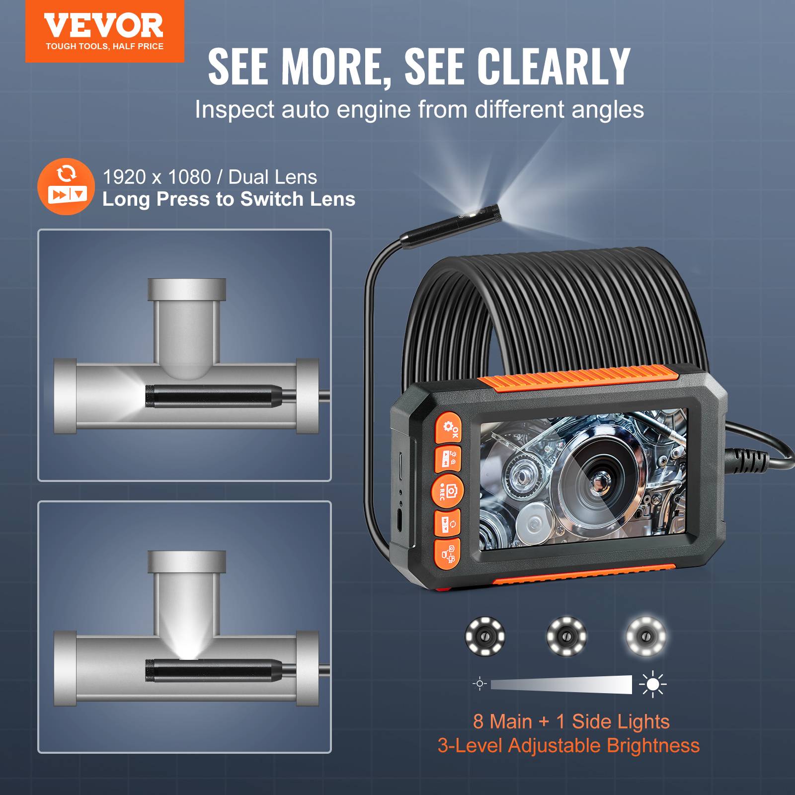 VEVOR Endoscope double objectif: 8+1 LED, ecran IPS 4.3, cable 15m semi-rigide, zoom 4X, 1080P, IP67, pour auto et plomberie. - Image 2