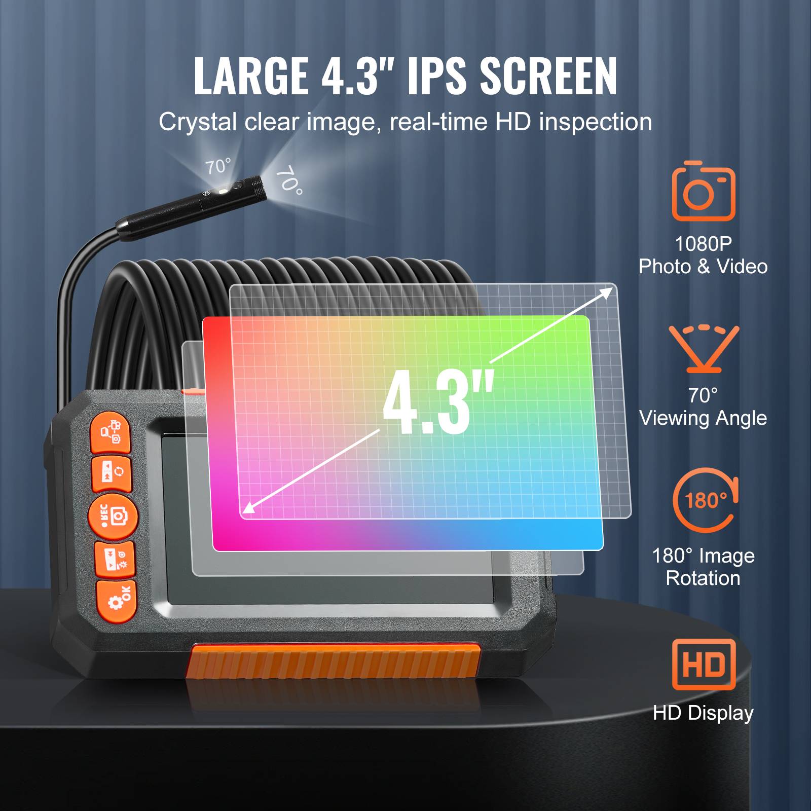 VEVOR Endoscope double objectif: 8+1 LED, ecran IPS 4.3, cable 15m semi-rigide, zoom 4X, 1080P, IP67, pour auto et plomberie. - Image 3